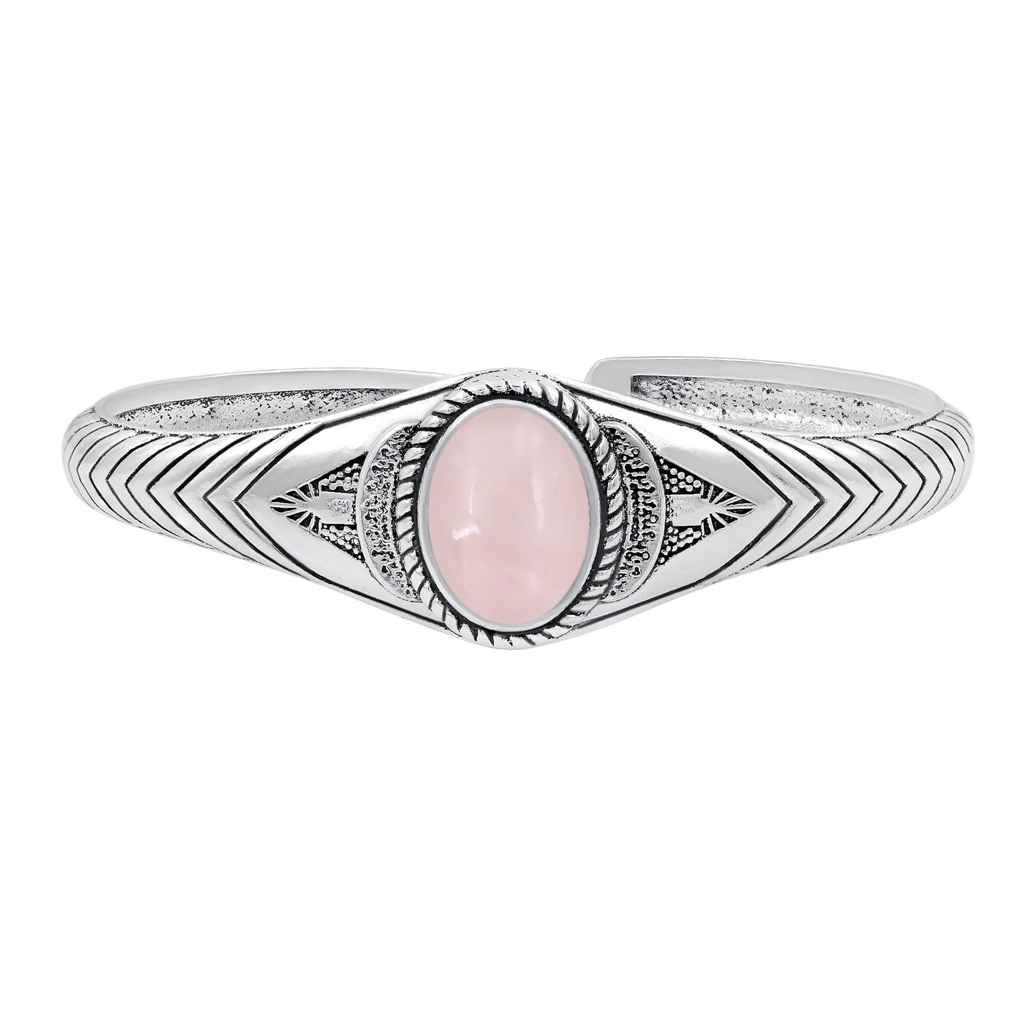 Rose Quartz Cuff Bangle Bracelet for Men Women – Handmade 925 Silver Plated Adjustable Boho Jewelry – Natural Gemstone Janaury Birthstone Statement Bangle – Bohemian Elegant Gift for Him Her