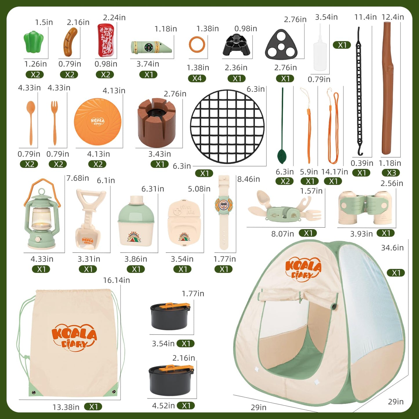 KOALA DIARY Kids Camping Set – an Indoor/Outdoor Pretend Play Adventure kit Featuring a Tent, Oil lamp, Stove, and More. Perfect for Ages 3+