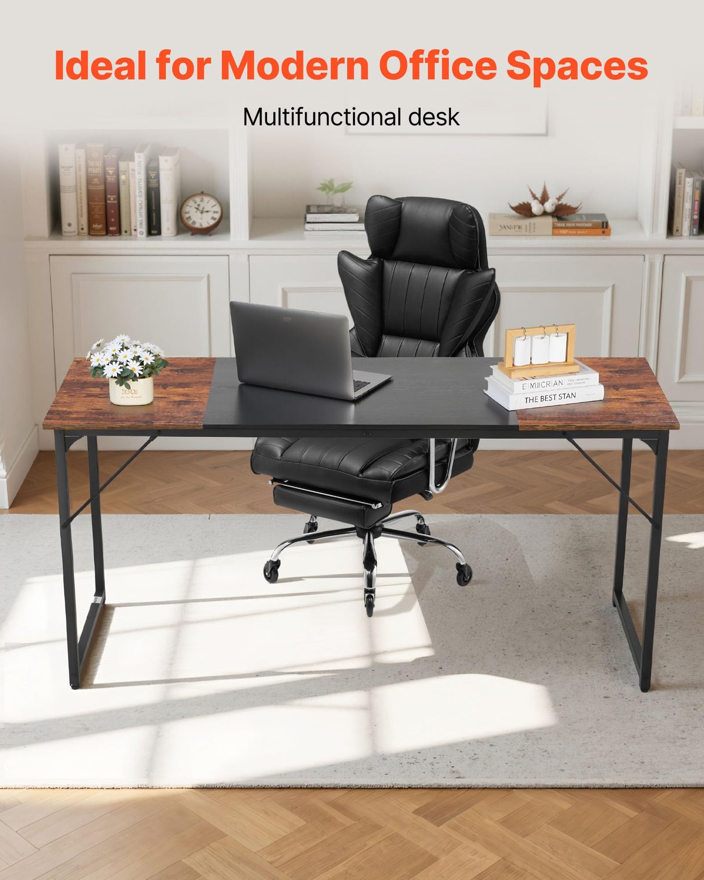 VEVOR Computer Desk, 63 Inch Office Gaming Desk for Home Office, Writing Study Work Modern Simple Table with Metal Frame for Large Legroom, Rustic Brown and Black