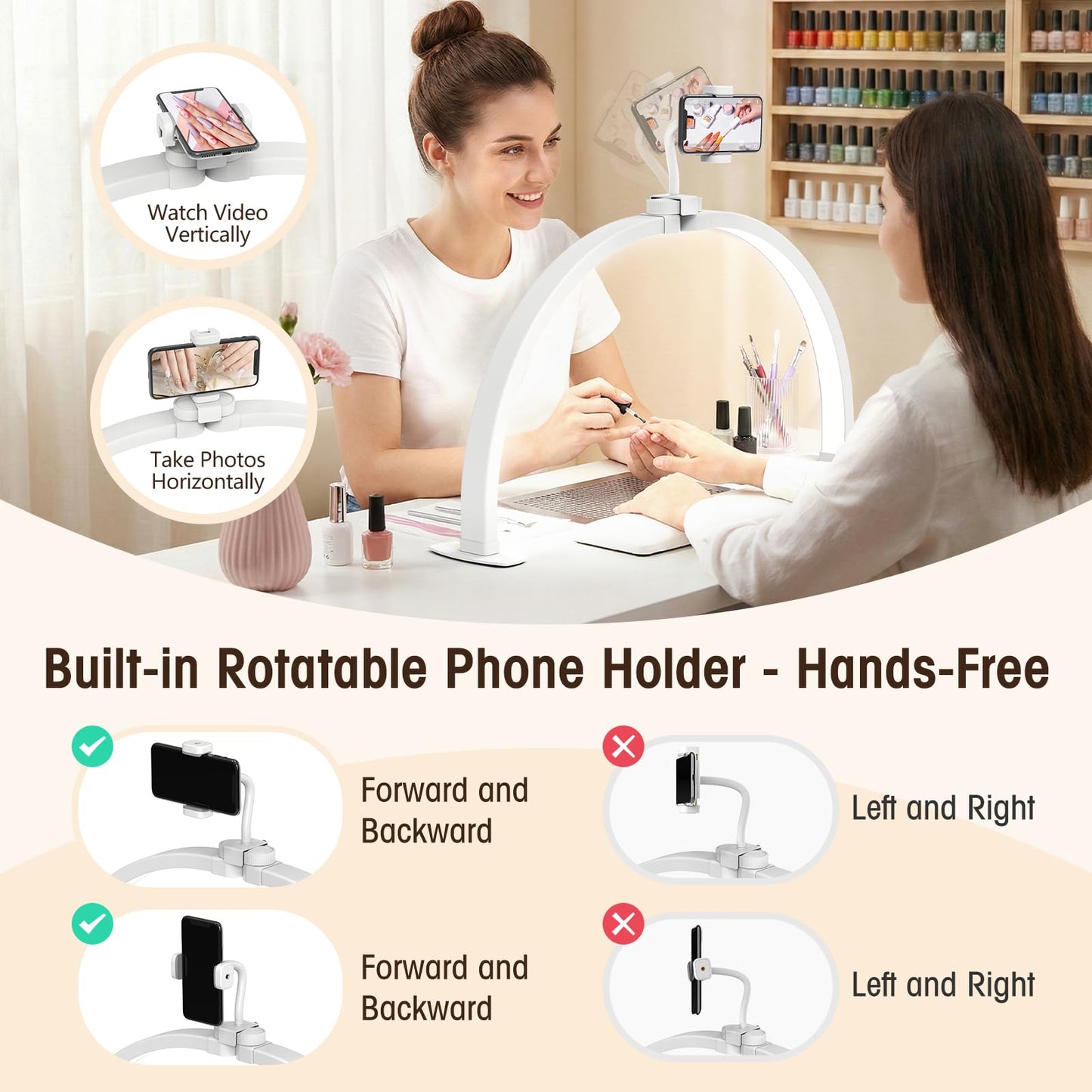 LIONVISON Half Moon Light for Desk: 29" Foldable Nail Light for Desk with Phone Holder - 3000K-6500K 3 Color Modes 10 Brightness for Salon Nail Technicians & Home DIY Manicure Enthusiasts (White)