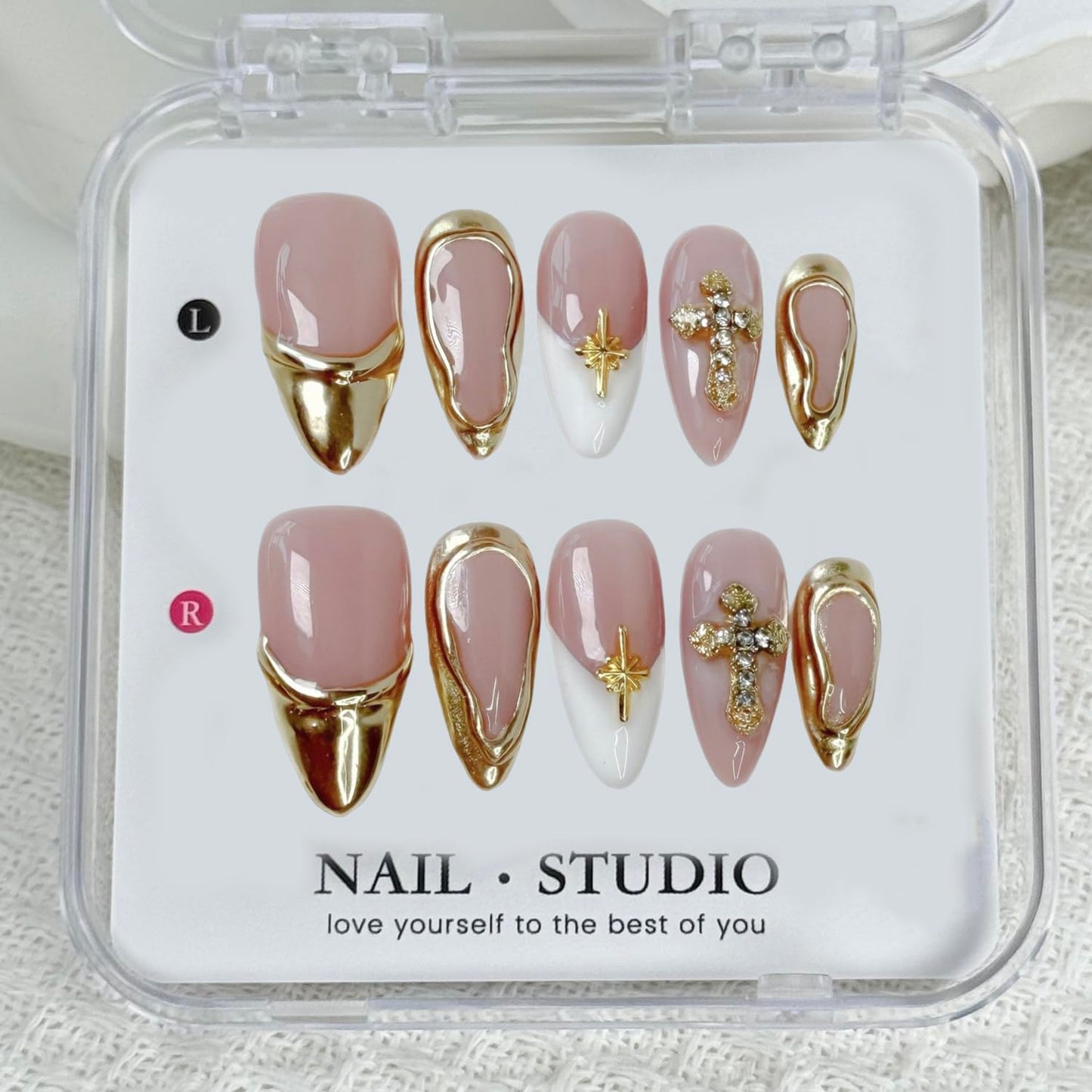Handmade Fake Nails Medium Almond Press on Nails Rhinestones 3D Gold Curve Line False Nail French with Cross Designs Glossy Glue on Nail DIY for Women Manicure Art (Size S)