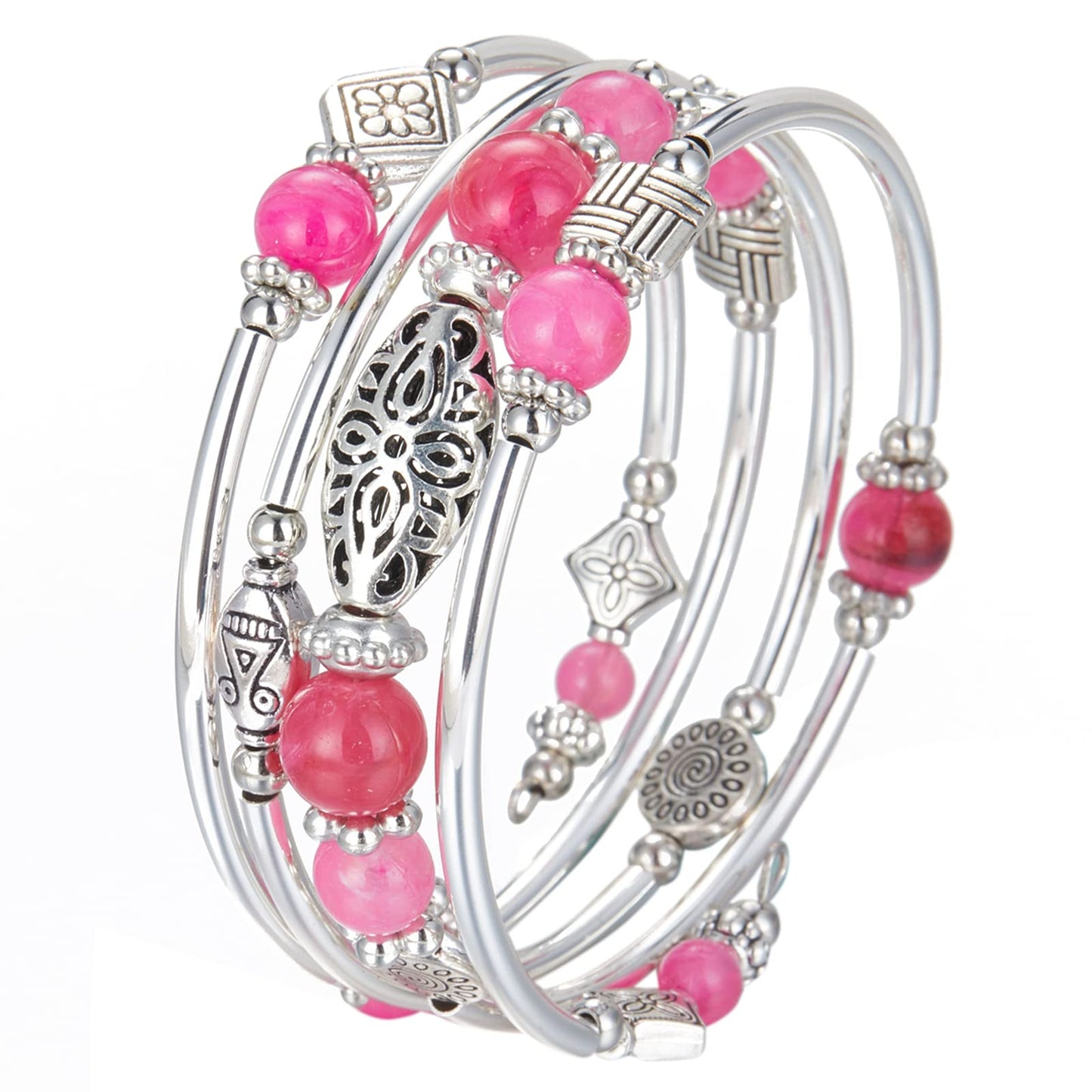 BULINLIN Layered Wrap Bangle Turquoise Bracelet - Bead Bracelet with Natural Agate Stone, Gifts For Women (03-Hot pink)