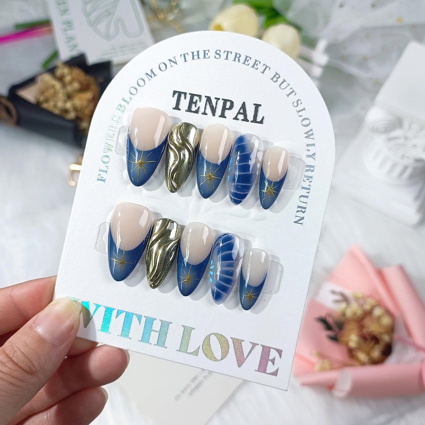 TENPAL Metallic Fake Nails With Crocodile Star Pattern,French Tip Press on Nails Almond,Blue Nails Press ons, Handmade Glue On False Nails,Acrylic Y2k Artificial Nails Tips 10pcs/Box,Small Size