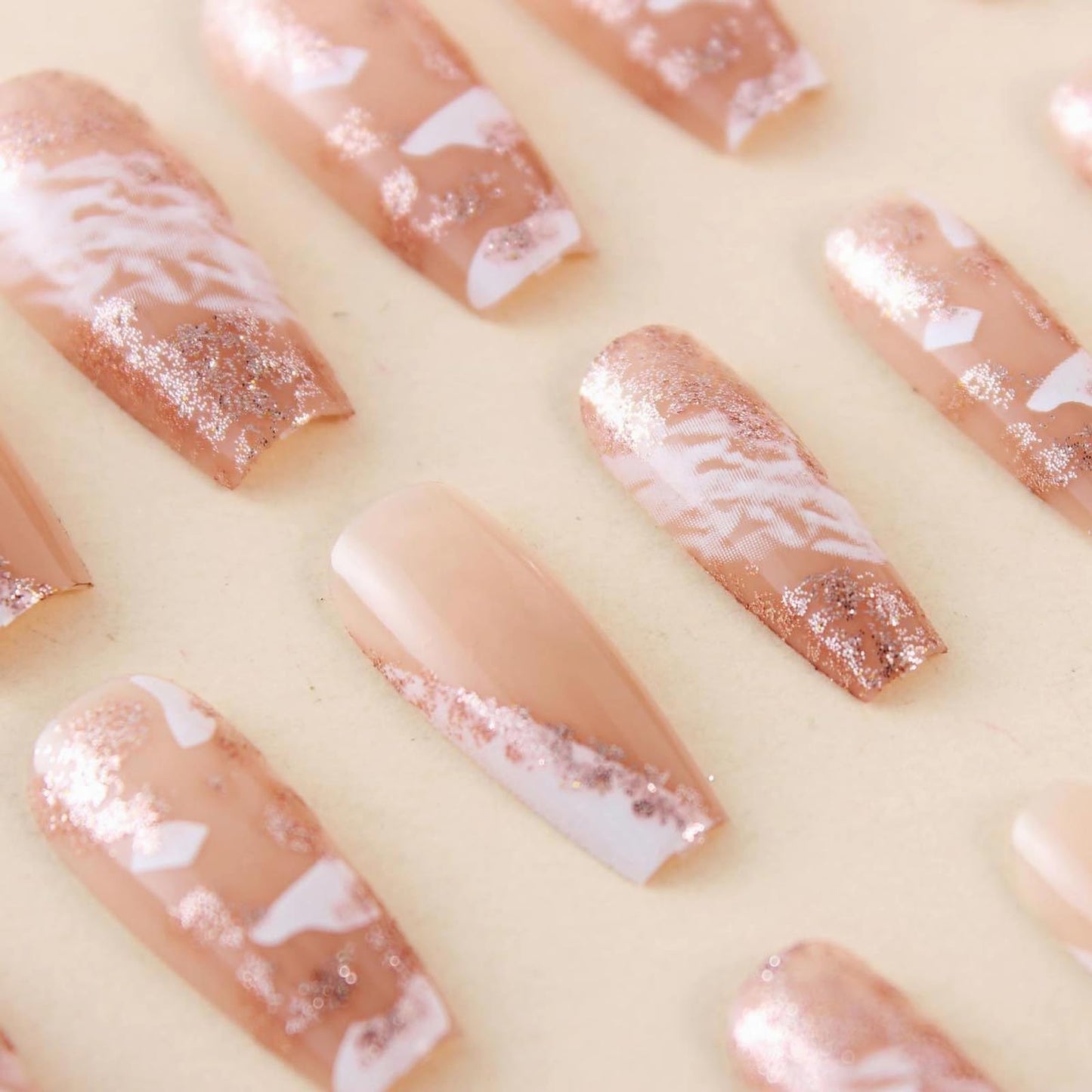 MISUD Press on Nails - Long Coffin Fake Nails with White Ombre, Acrylic Bling Glitter Design 24 pcs