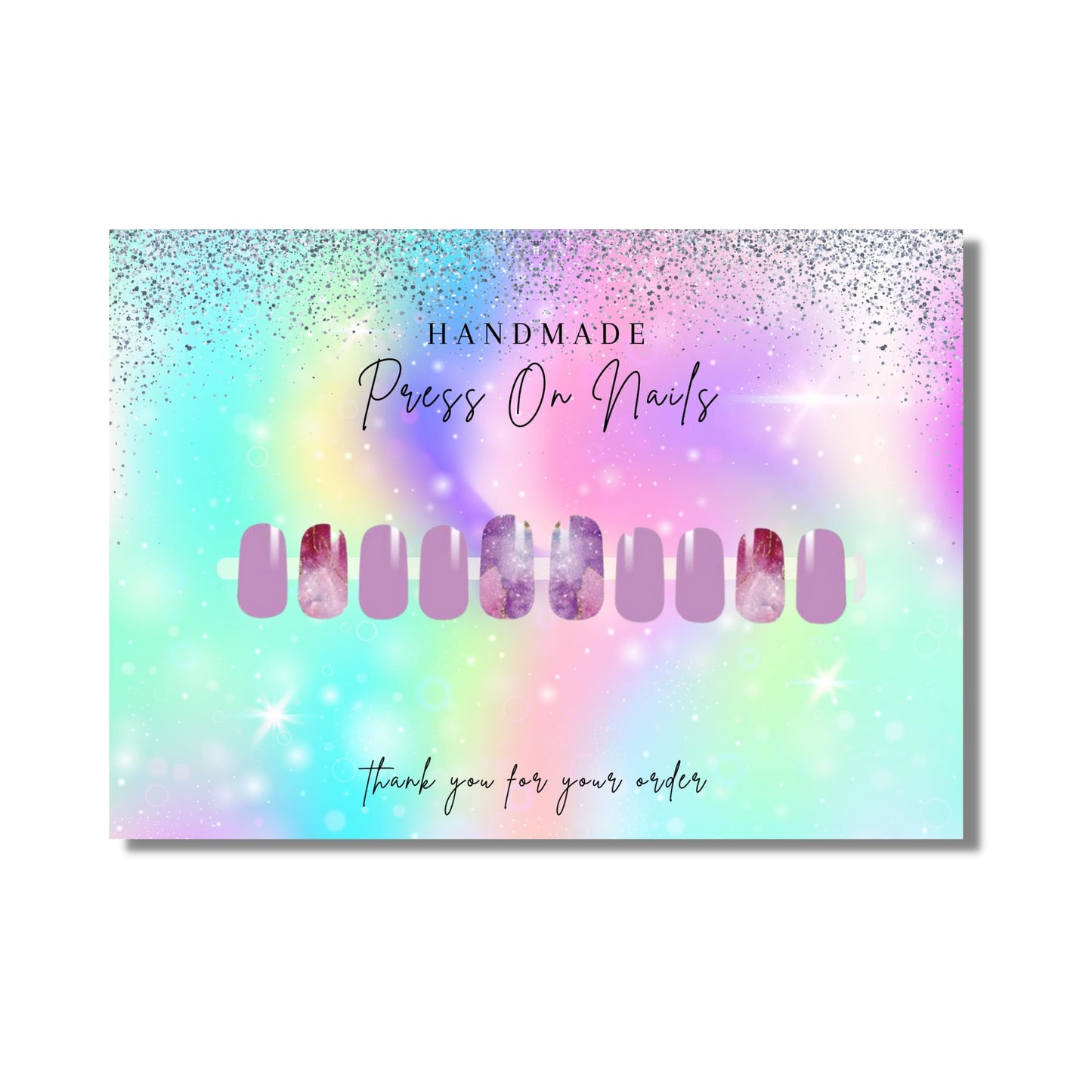 Lashicorn Handmade Press On Nails Display Card | 5x7” 30 pk w/Application Aftercare Instructions - Inserts Add To A Holographic Bags & Can Use With Double Sided Tape