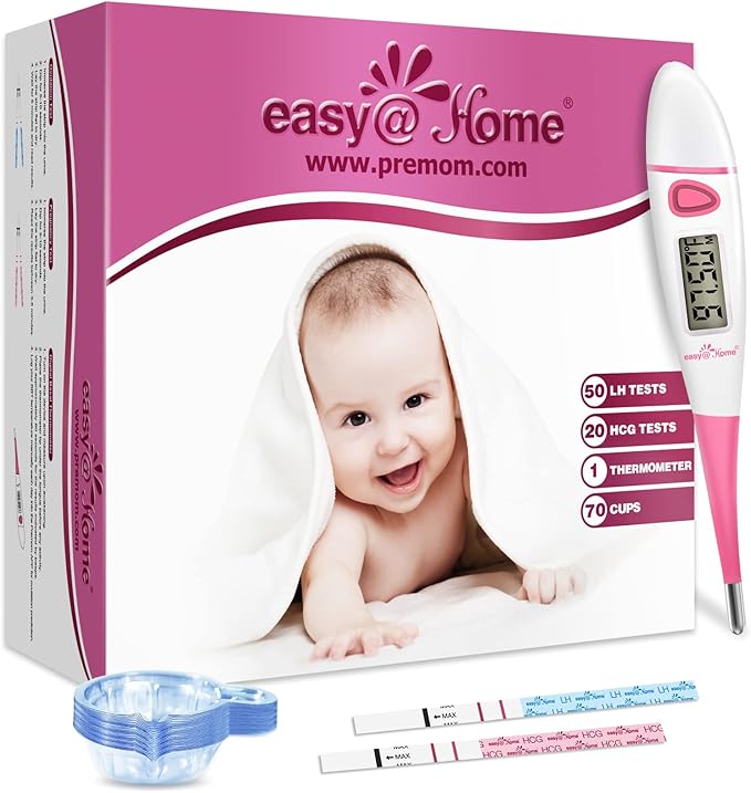 Easy@Home Pregnancy Test Sticks: Early Detection & Reliable + Easy@Home Ovulation Test Kit: 50 Ovulation Strips & 20 Early Pregnancy Tests & One Basal Body Thermometer & 70 Urine Cups