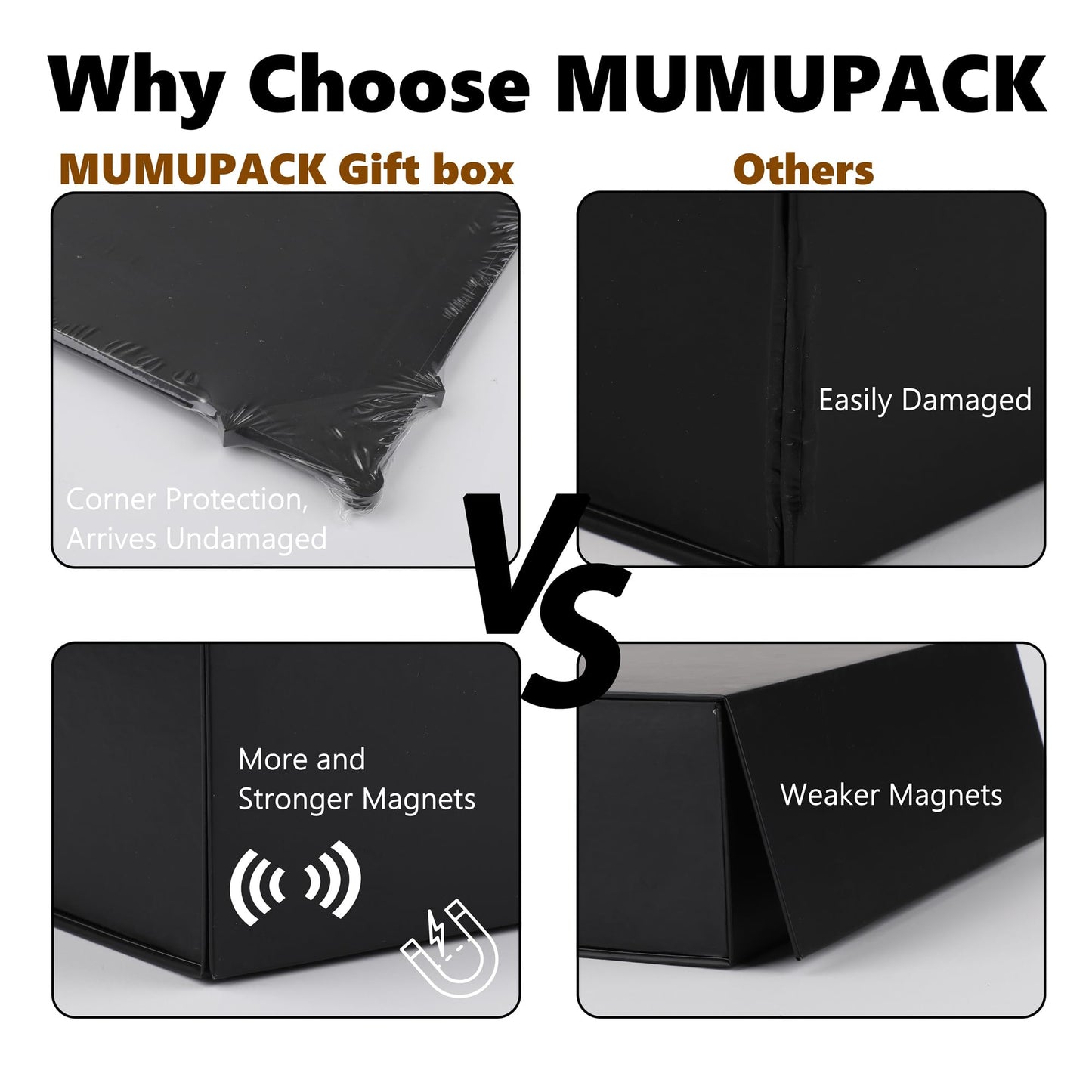 MUMUPACK 4 Pack Black Gift Boxes With Lids,12x8x4.5 Inch Bridesmaid Proposal Box And Printable Stickers,Proposal Boxes With Ribbon For Wedding, Packaging, Present, Birthday