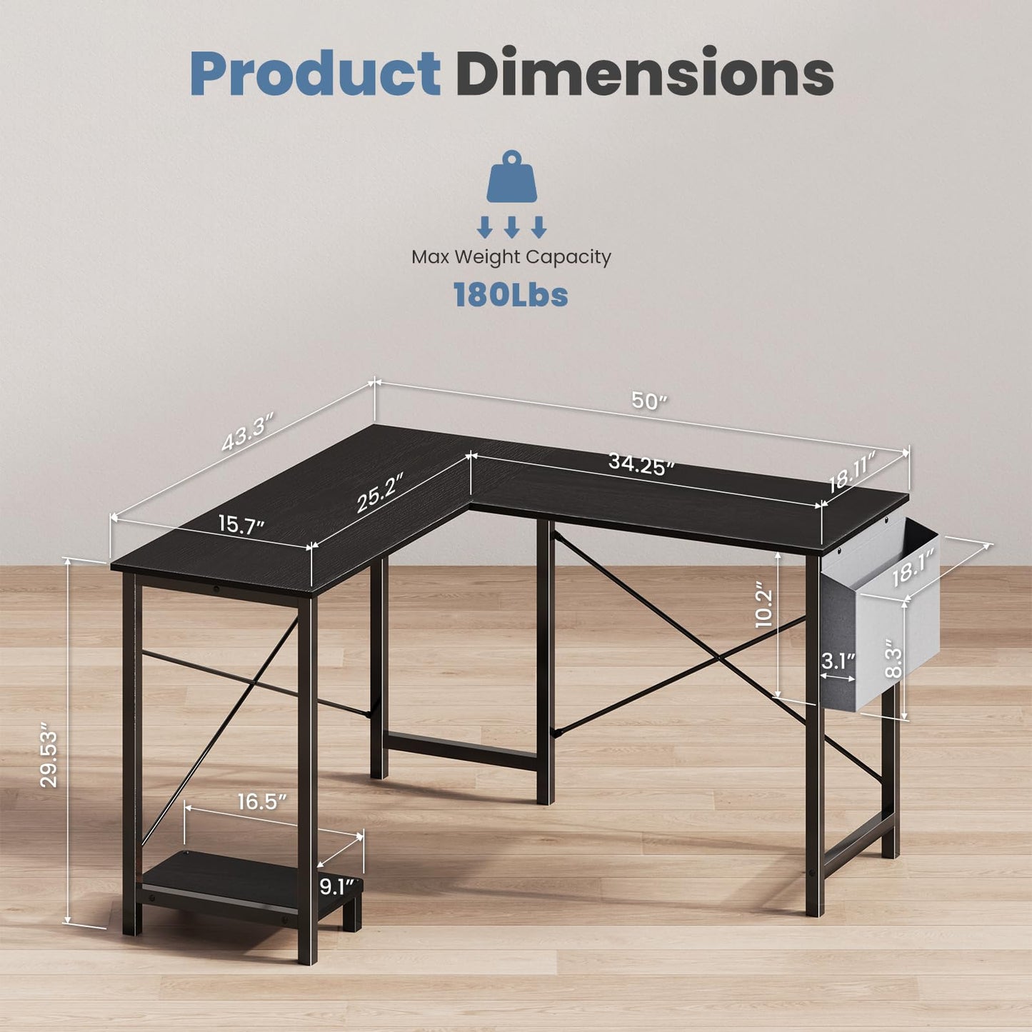 DUMOS L Shaped Desk Computer Gaming Corner Table 50 Inch Home Office Writing Student Work PC Workstation with Side Storage Bag CPU Stand for Bedroom Small Spaces
