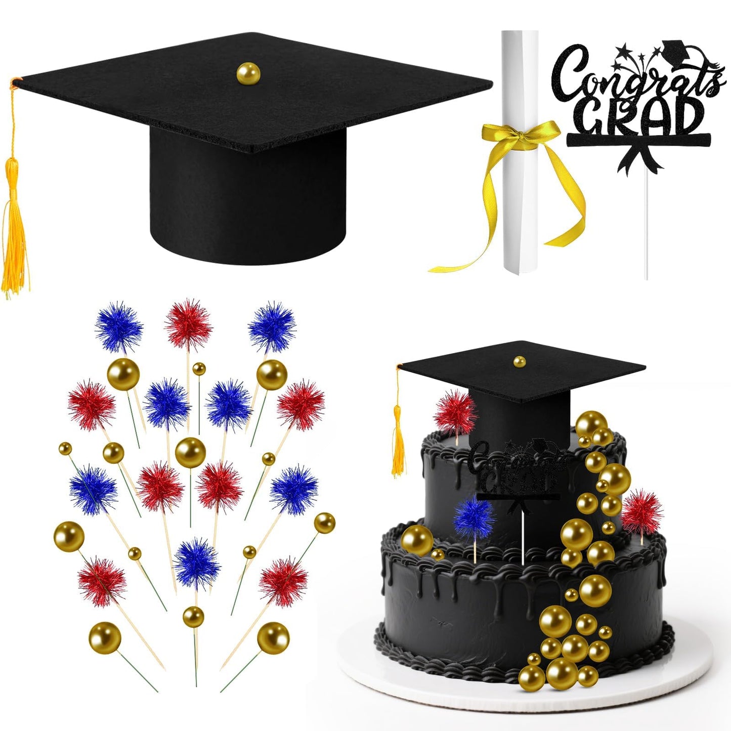 32PCS Graduation Cake Decorations Kit for Class of 2026 Includes Felt Tassel Caps, Firework Cupcake Toppers, Diploma and Balls, Black Theme Party Supplies for High School,College Celebrations (Black)