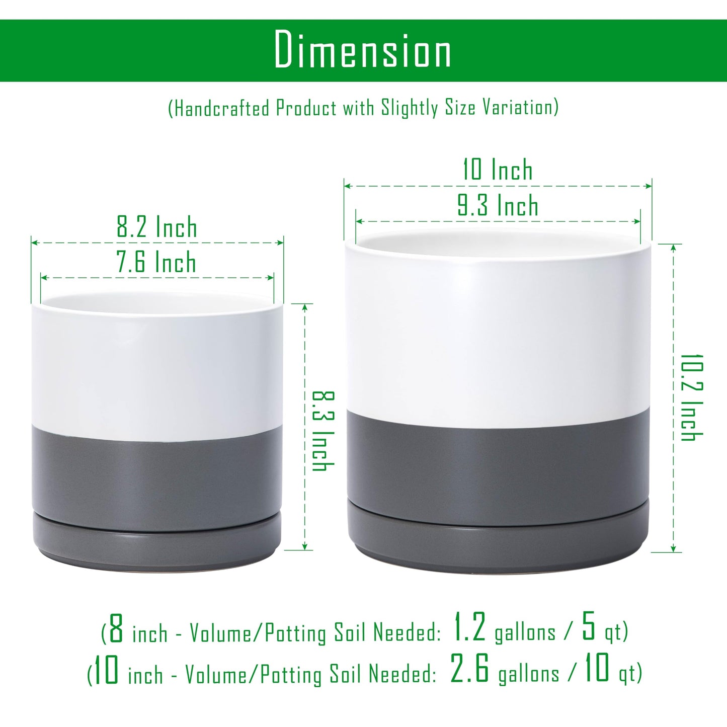 D'vine Dev 8.2 Inch & 10 Inch Ceramic Planter Pot for Plants with Drainage Hole and Saucer, Large Plant Pots Set, White/Speckled Grey, 94-G-L-6