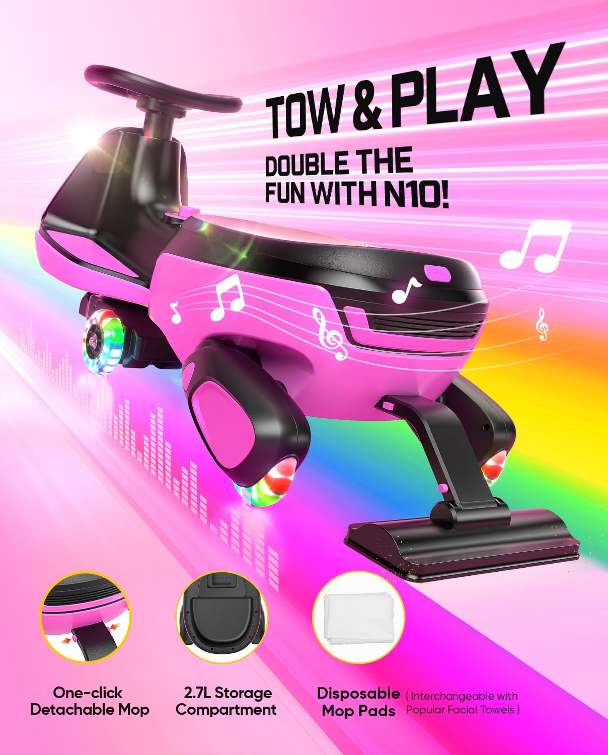 FanttikRide N10 Classic Electric Wiggle Car with Pedal, Type-C Rechargeable Battery, One-Click Detachable Mop, GlideWiz, Anti-Rollover, Flashing Wheels, Bluetooth, Ages 3+, 150 Lbs, Pink