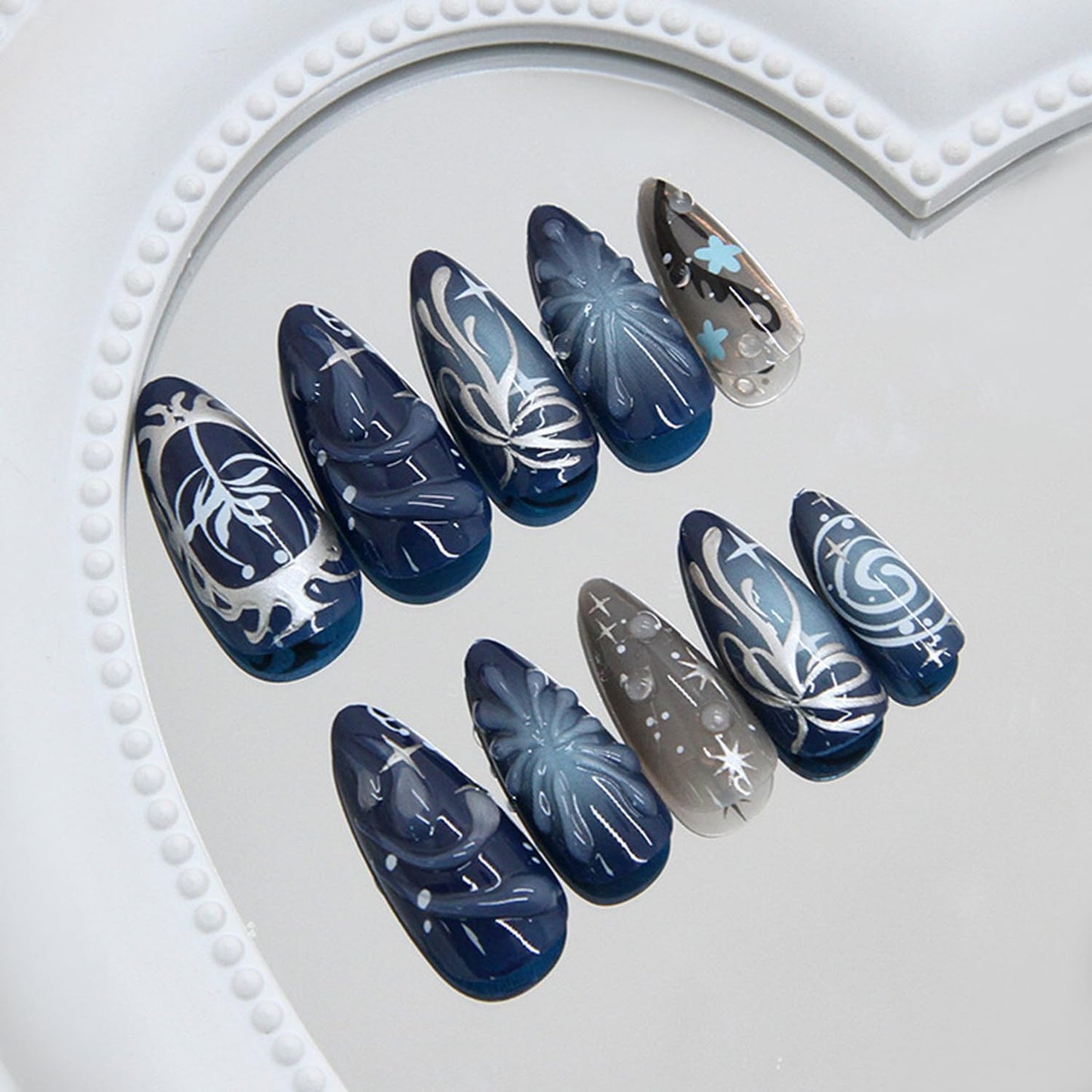 CJDLTS Dark Black Medium Almond Shaped Silver Stripe with Starry Sky Bubble Design Stick on Nails Full Cover Reusable Coffin Press on Nails Artificial Acrylic Fingernails for Women Manicure 24Pcs