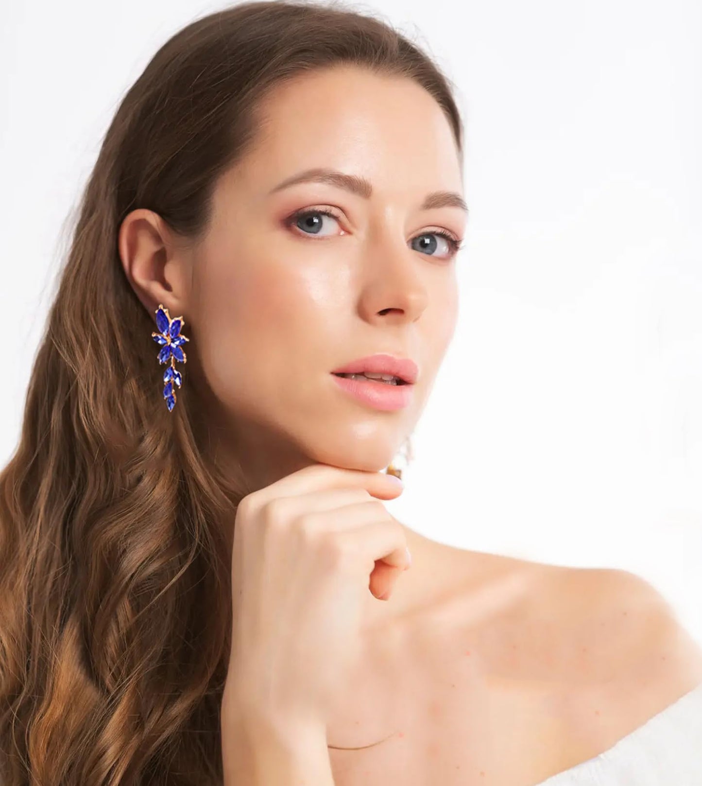 ATIMIGO Elegant Royal Blue Rhinestone Dangle Earrings Cluster Crystal Wedding Bridal Earrings for Brides Bridemaids Formal Prom Statement Drop Earrings for Women