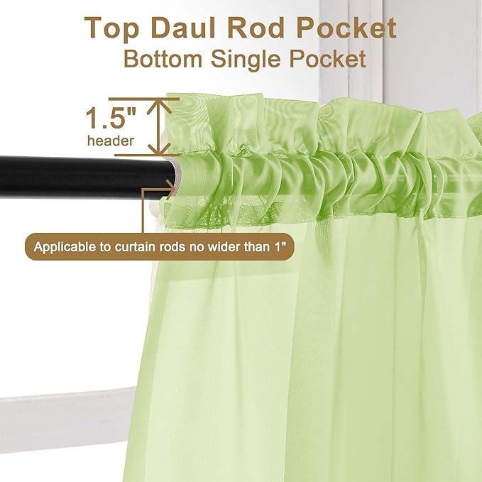 Chyhomenyc Sheer Lime Tier Curtains 24 Inch Length Set, Small Window Kitchen Curtains for Bathroom Living Room Basement, Farmhouse Short Voile Curtain 42Wx24L, Rod Pocket, 2 PCS