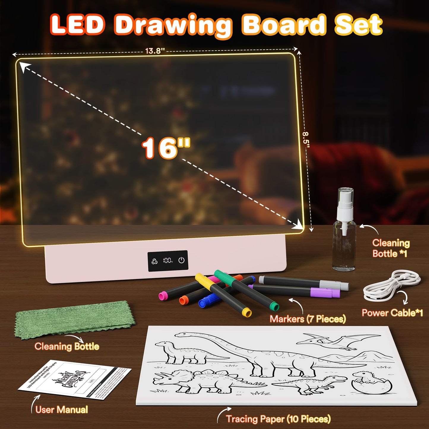 LED Drawing Board, 16" Rechargeable Light Up Drawing Pad with 2000mAh Rechargeable Battery, Multi-Functional LED Display Board for Drawing/Message/Night Light, Creative Gift Art Kit, Pink