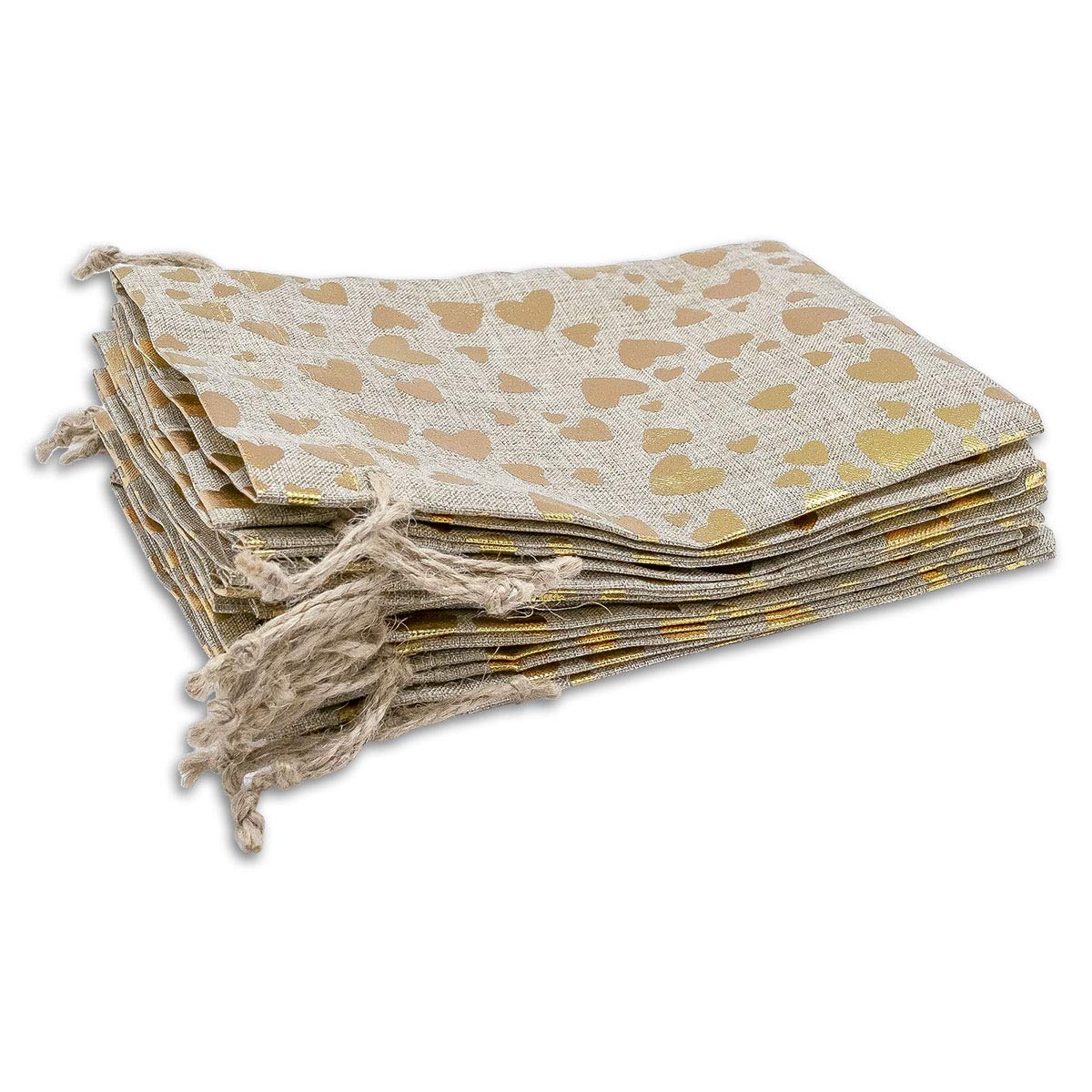 12-Pack 6x8 Reusable Jute Burlap Canvas Gift Bags w. Drawstrings (Golden Hearts, Medium) - for Presents, Party Favors, Retail, Samples by TheDisplayGuys