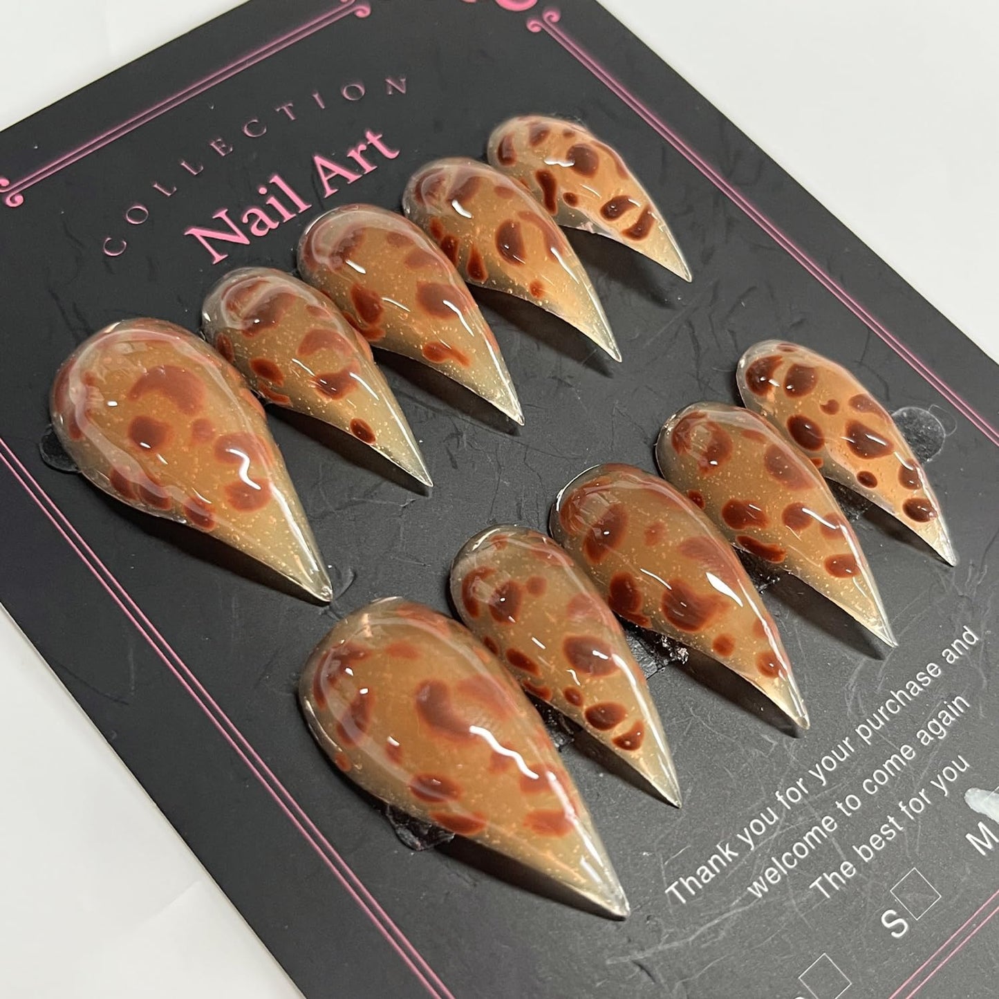 Handmade Press on Nails Medium Stiletto Brown Fake Nails Unique Eagle Claw Thick Acrylic Nails False Nails with Leopard Print Cat Claw Designs Fall Glossy Glue on Nail Curved Sturdy Nail Art 10Pcs(S)