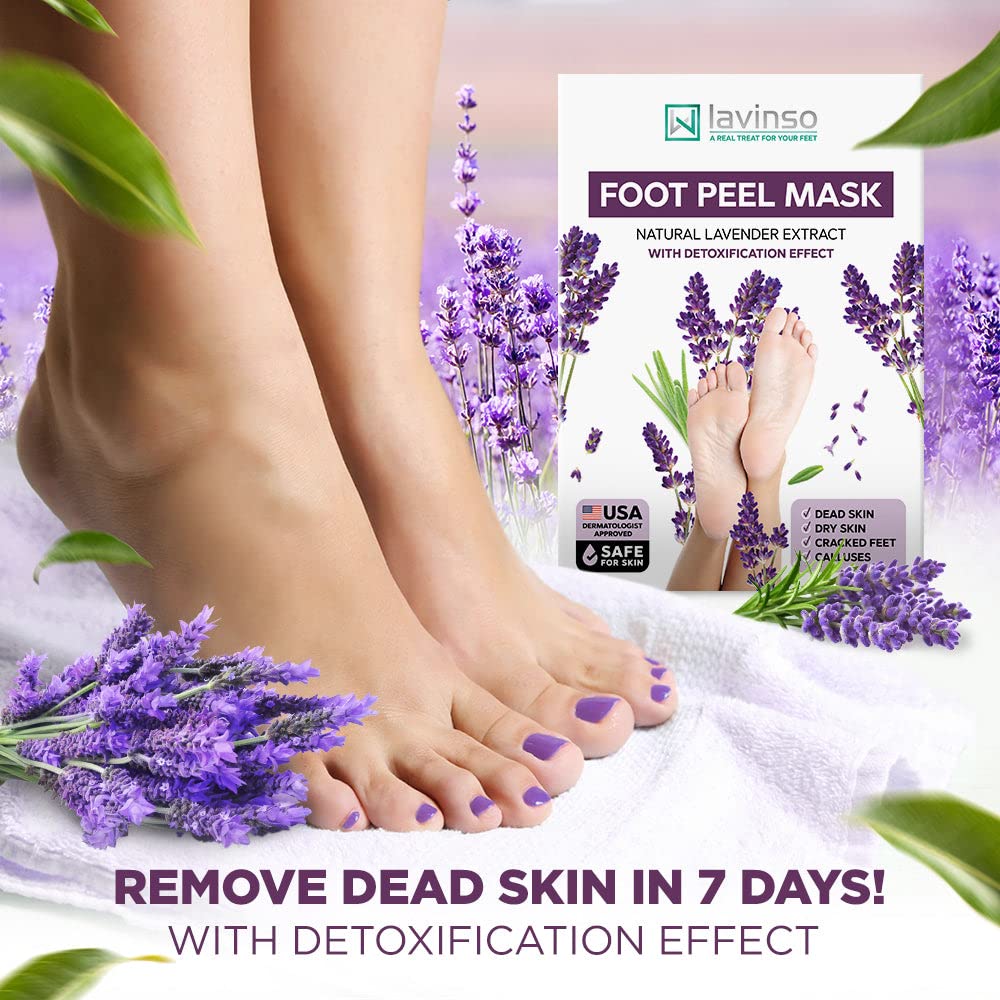 Lavinso Lavender Foot Exfoliator Peeling Mask for Dry Cracked Feet - 4 Pack - Remove Dead Skin and Callus - Foot Peel Mask for Baby Soft Feet