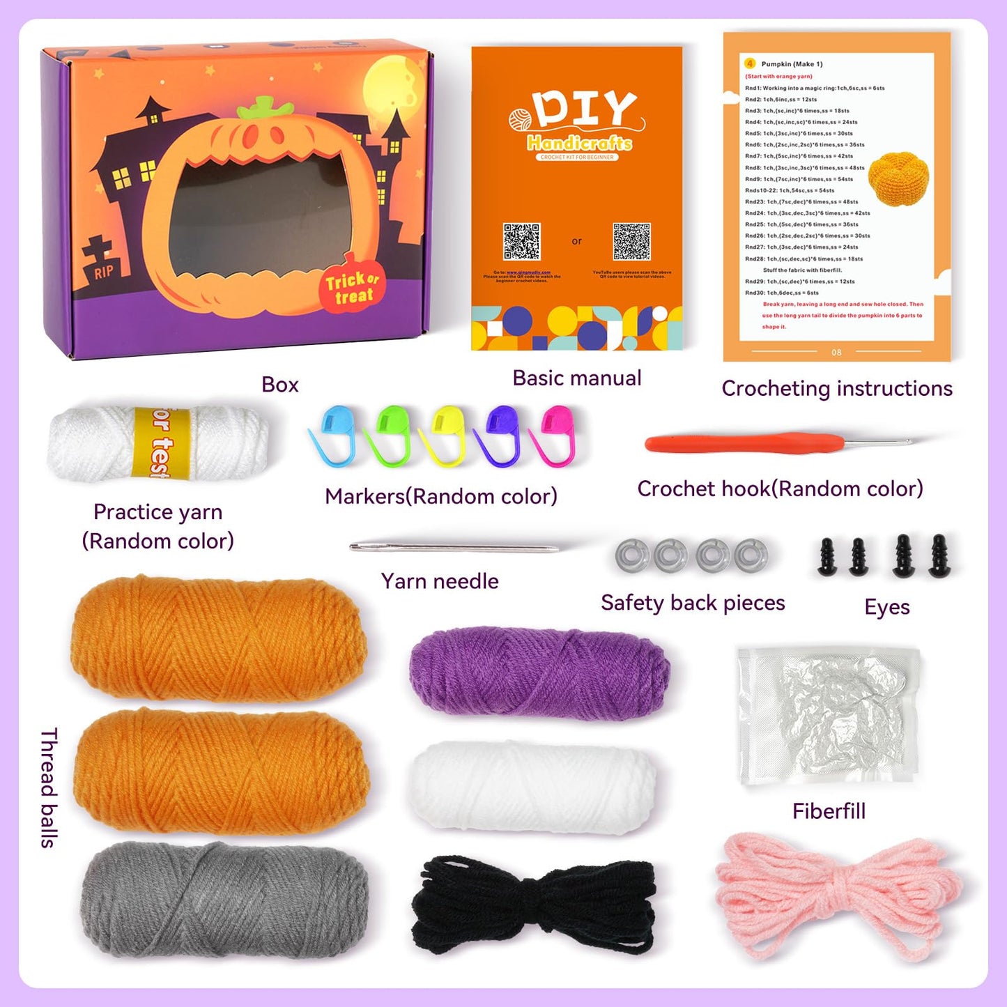 RongsiShun Halloween Crochet Kit for Beginners, Pumpkin and Ghost Amigurumi Set with Step-by-Step Video Tutorials, Extra Yarn & Hook, DIY Craft Gift for Adults Teens Kids