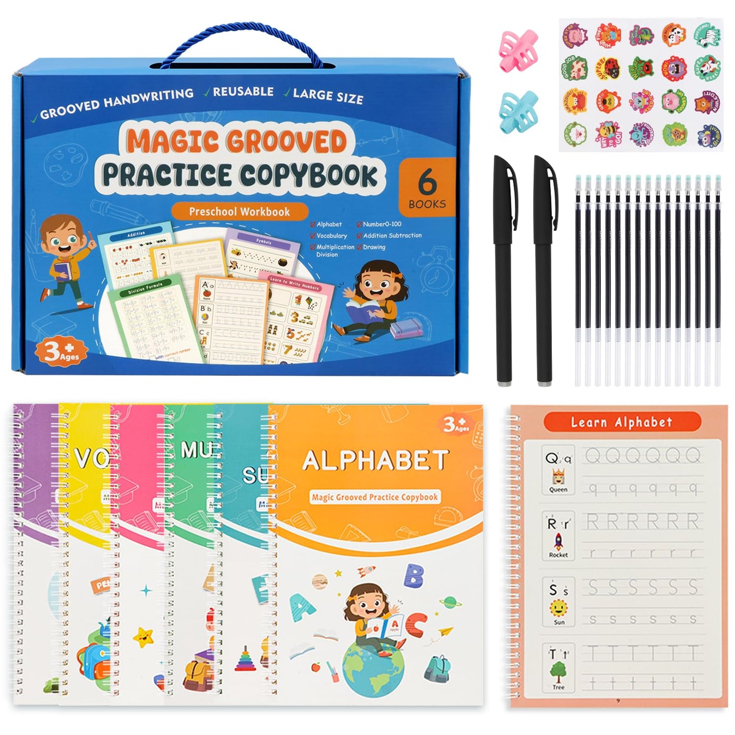 AALGO Magic Grooved Handwriting Practice Book for Kids Ages 3–8, Reusable Letter Tracing Book with Disappearing Ink, Preschool Activity Books, 3D Groove Writing for Early Learning & Fine Motor Skills