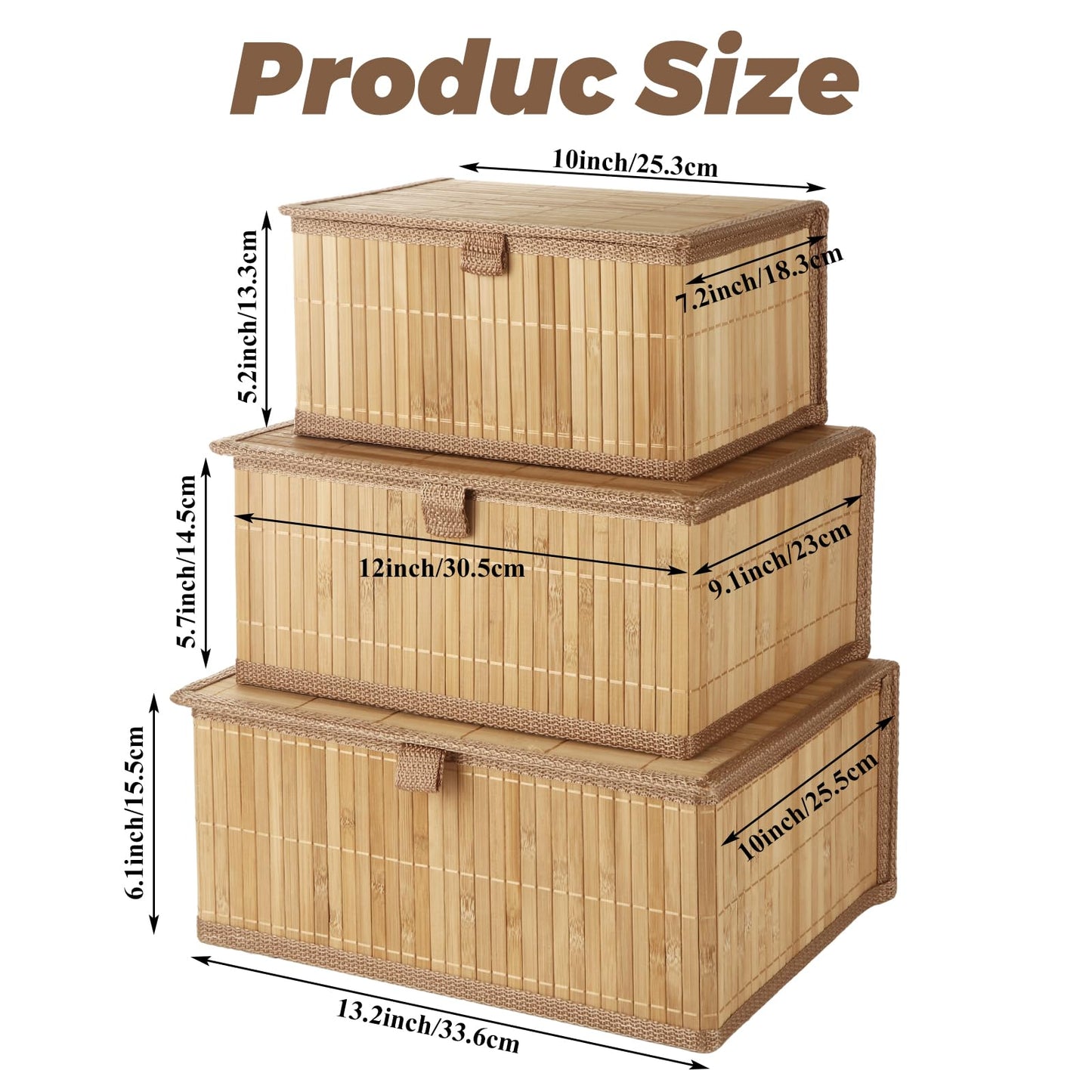 LOLYSIC Bamboo Storage Boxes with Lids, Set of 3 - Woven Decorative Baskets for Home, Kitchen, Shelf Organizer Wicker Lidded Basket, Handmade Storage Bin