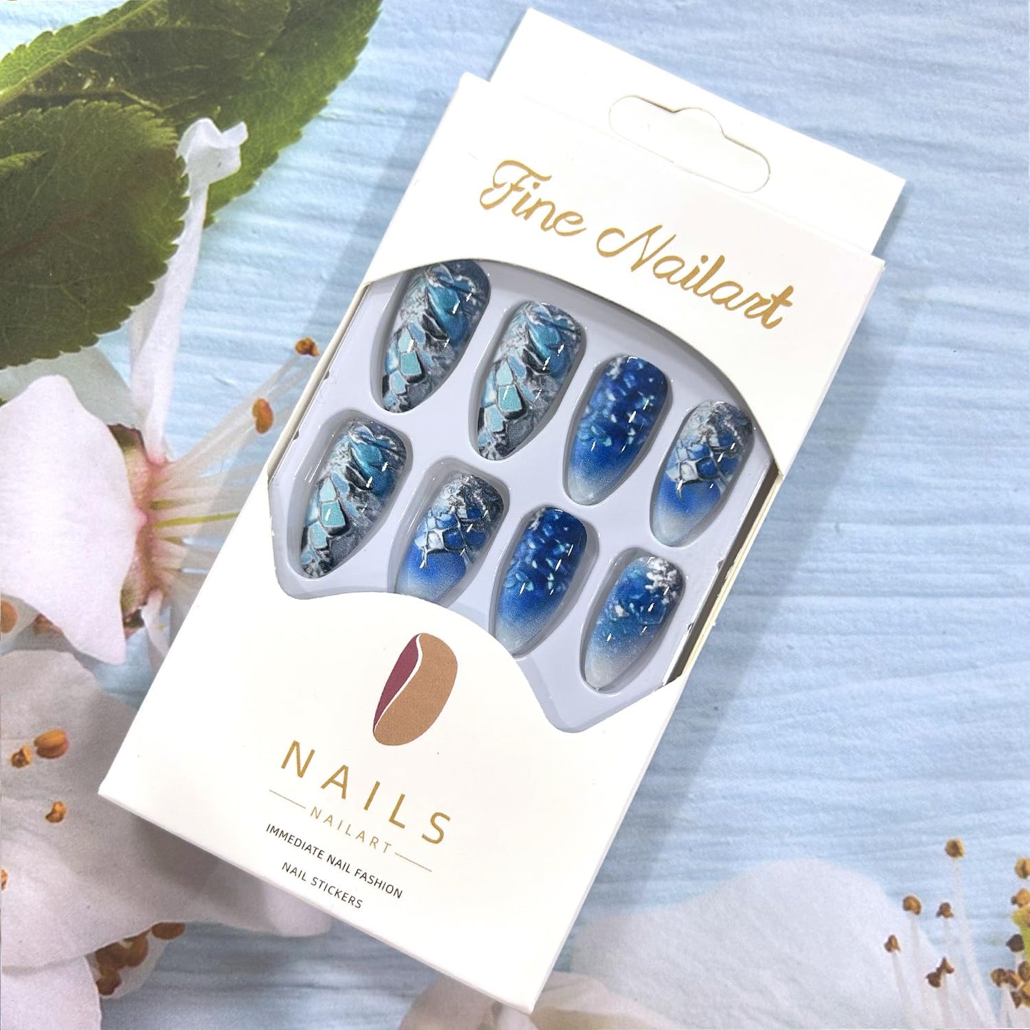 CJDLTS Almond press on Nails Medium Length White Blue Gradient False Nail Dragon Scale Pattern Design Full Cover Artificial Acrylic Nail Press Ons Reusable Stick on Nails for Women 24Pcs