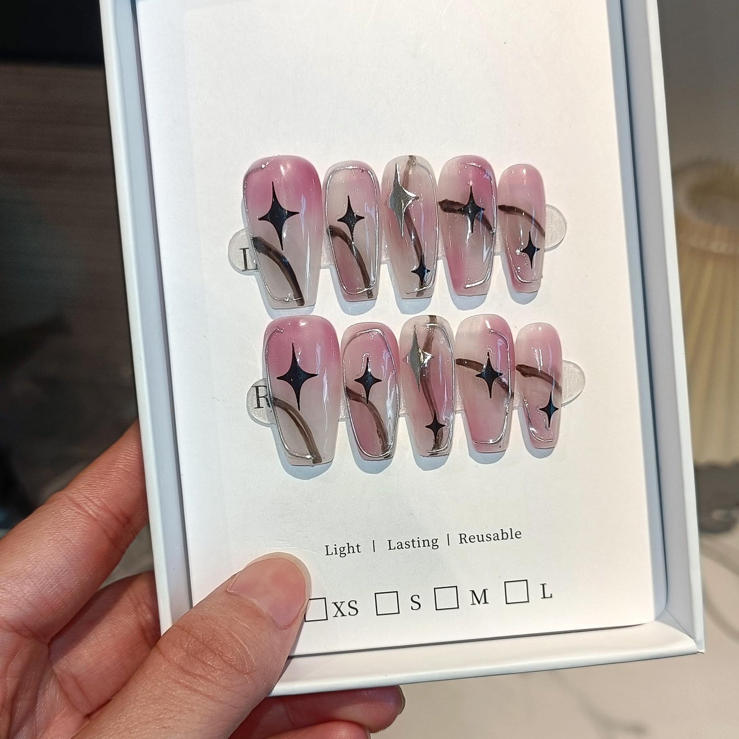TENPAL Pink Ombre Silver Coffin Acrylic Nails,Handmade Press On Nails With Tools,Glossy Y2K Star Glitter Designs Glue on Nails,Cute Cool Retro Kawaii Kpop False Fake Nails for Women 10Pcs(XS)