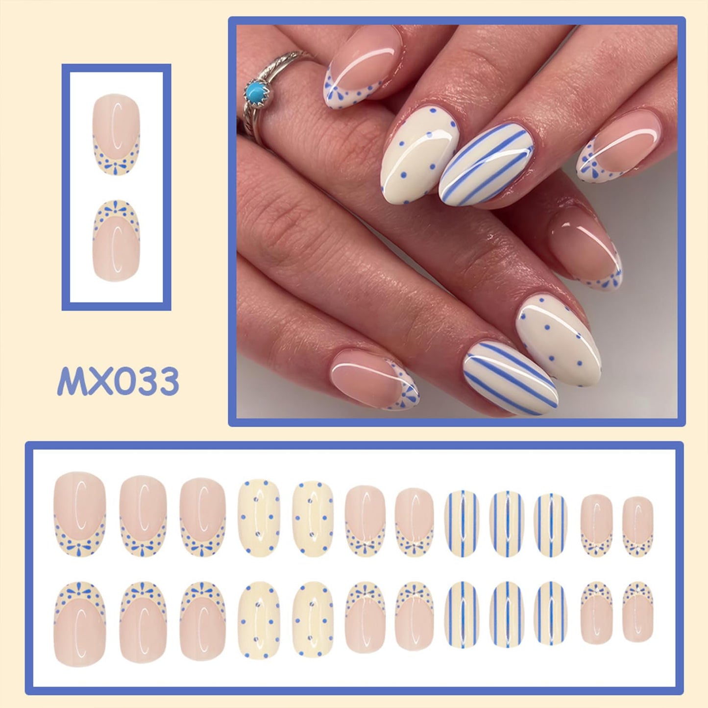 White French Tip Press on Nails Short Almond Fake Nails witn Blue Polka Dot Stripe Design Spring Summer False Nails Press ons Glossy Full Cover Glue on Nails for Women Girls Manicure Decorations