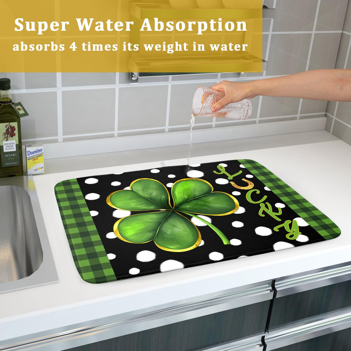 St. Patrick's Day Dish Drying Mats 18x24 Inch Green Clover Shamrock Lucky Kitchen Mat Polka Dot Microfiber Drying Mats Ultra Absorbent Reversible Dishes Drying Rack Pad for Kitchen Countertops