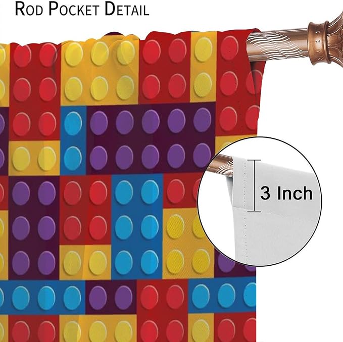 Building Block Colored Curtains, Children's Themed Curtains Collection Building Block Patchwork Cartoon Print Curtains, Light Trim 2 Panel Set Rod Pockets 42x63in