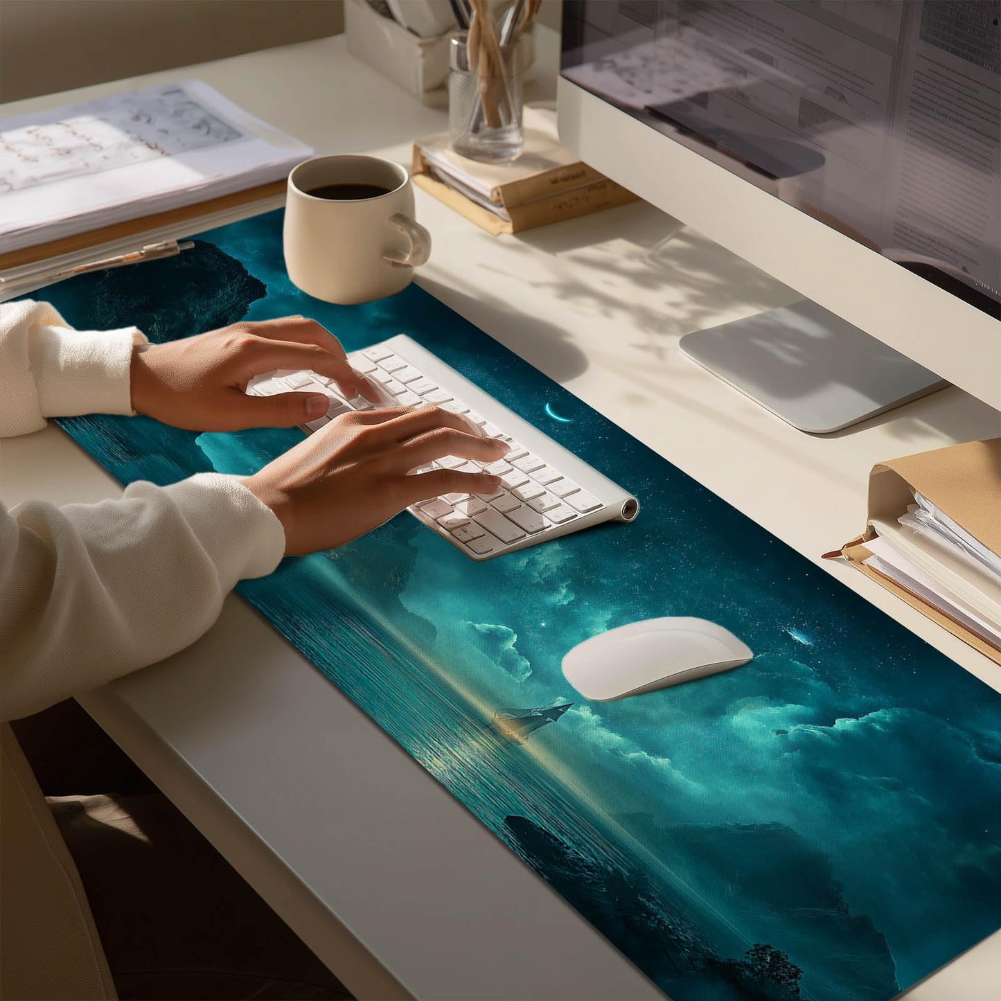 HOMETITUTE Large Mouse Pad 31.5x11.8 Inch Gaming Mousepad Teal Moon Night Seascape Art Non-Slip Keyboard Desktop Protector Mat XL Mouse Pad for Home Office Laptop Wireless Mice Accessories