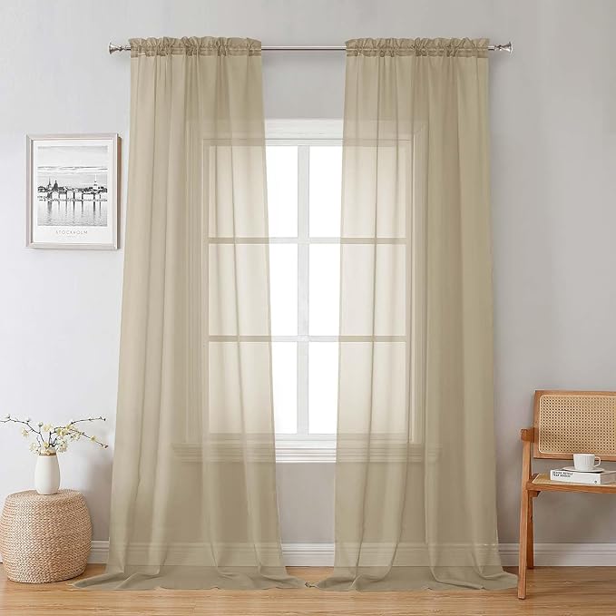 Lecloud Taupe Sheer Curtains 96 Inches Long 2 Panels, Modern Voile Solid Breathable Curtains, Transparent Farmhouse Home Decor with Dual Rod Pocket for Living Room Bedroom, Each 42" W x 96" L