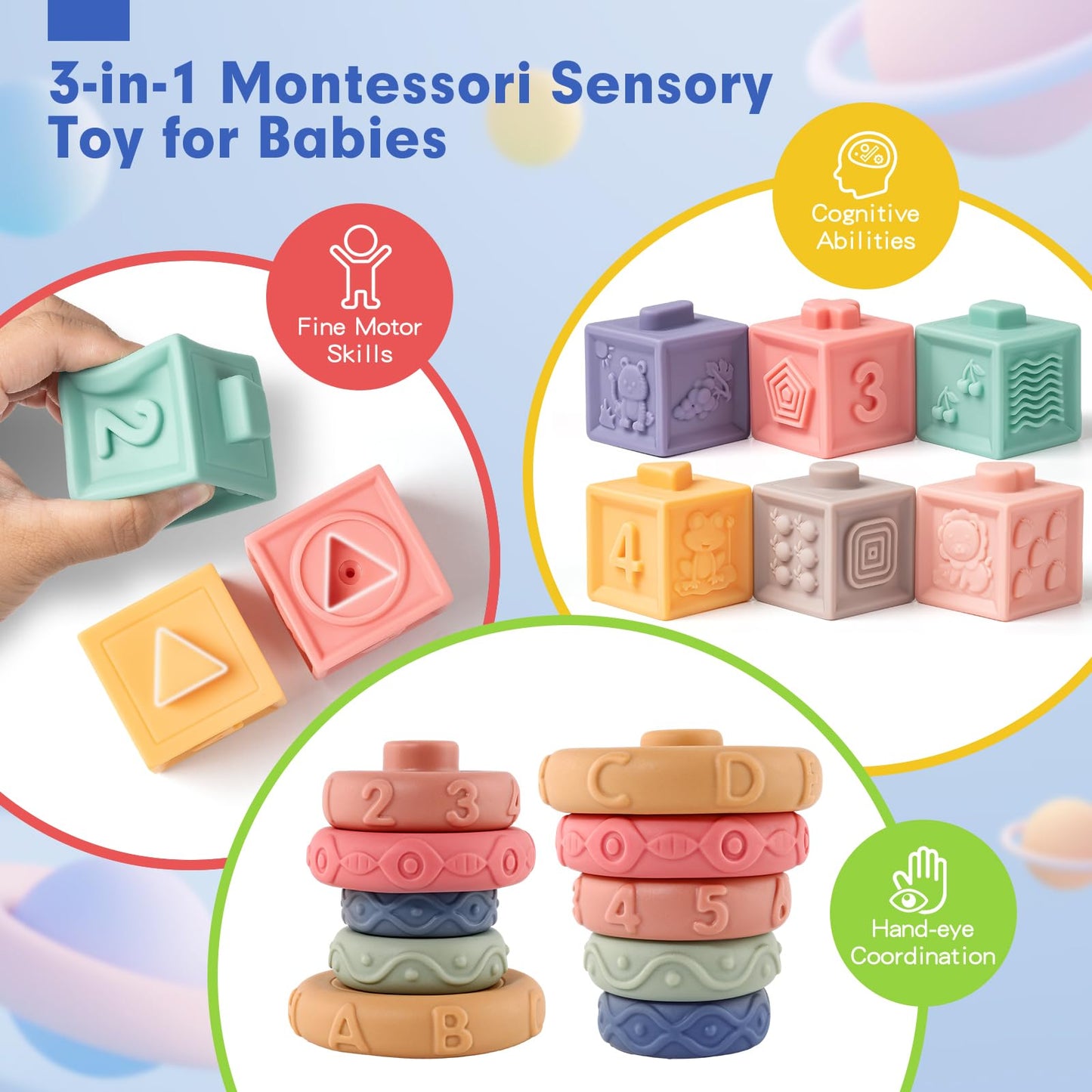 SpringFlower 3 in 1 Montessori Toys for Babies 0-3-6-12 Months, Rattle Teether & Baby Blocks & Soft Stacking Rings, Sensory Developmental Education Toys,Gift for Toddler Baby 0-3-6-12-18 Months