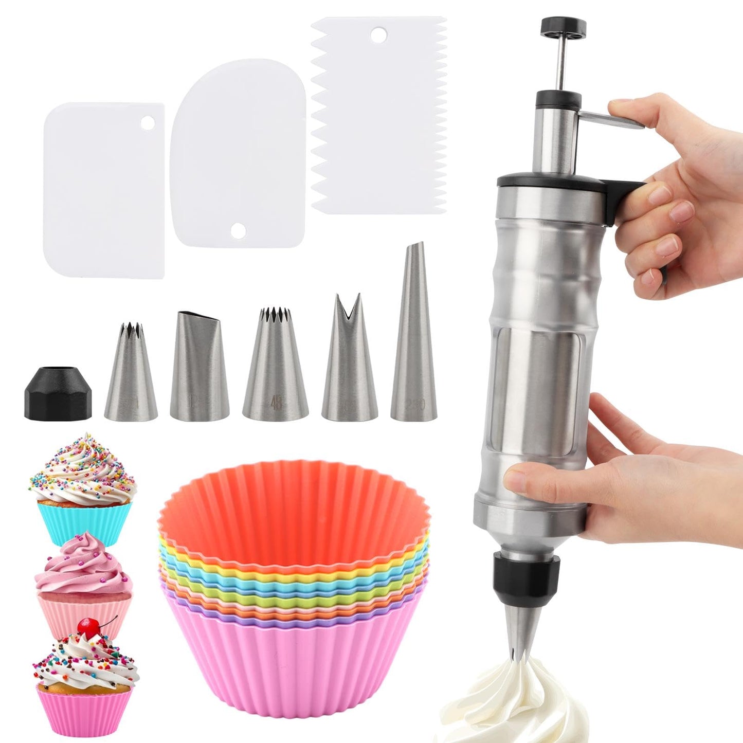 Zorivane Dessert Decorating Syringe Set, Frosting Piping Kit with 6 Piping Tips, 9 cupcakes, 2 adapter, 3 cream squeegee, Stainless Steels Cupcake Decorating Kit for Baking