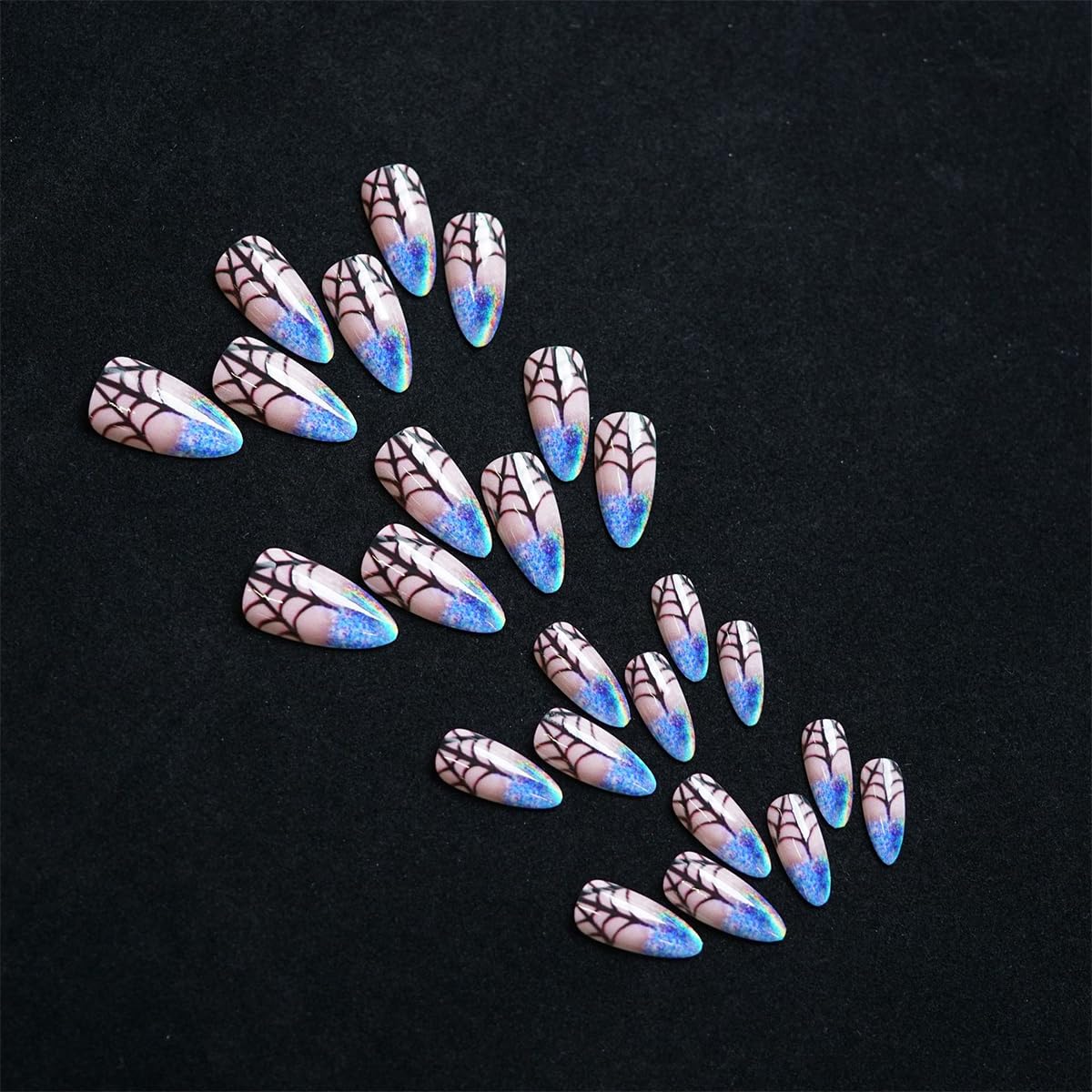 Halloween Press on Nails Medium Almond NEWSPIED Blue Laser Glitter French Tip Fake Nails with Spider Web Designs Reusable Halloween Glue on Nails Glossy Artificial Nails Sets for Women and Gilrs 24Pcs