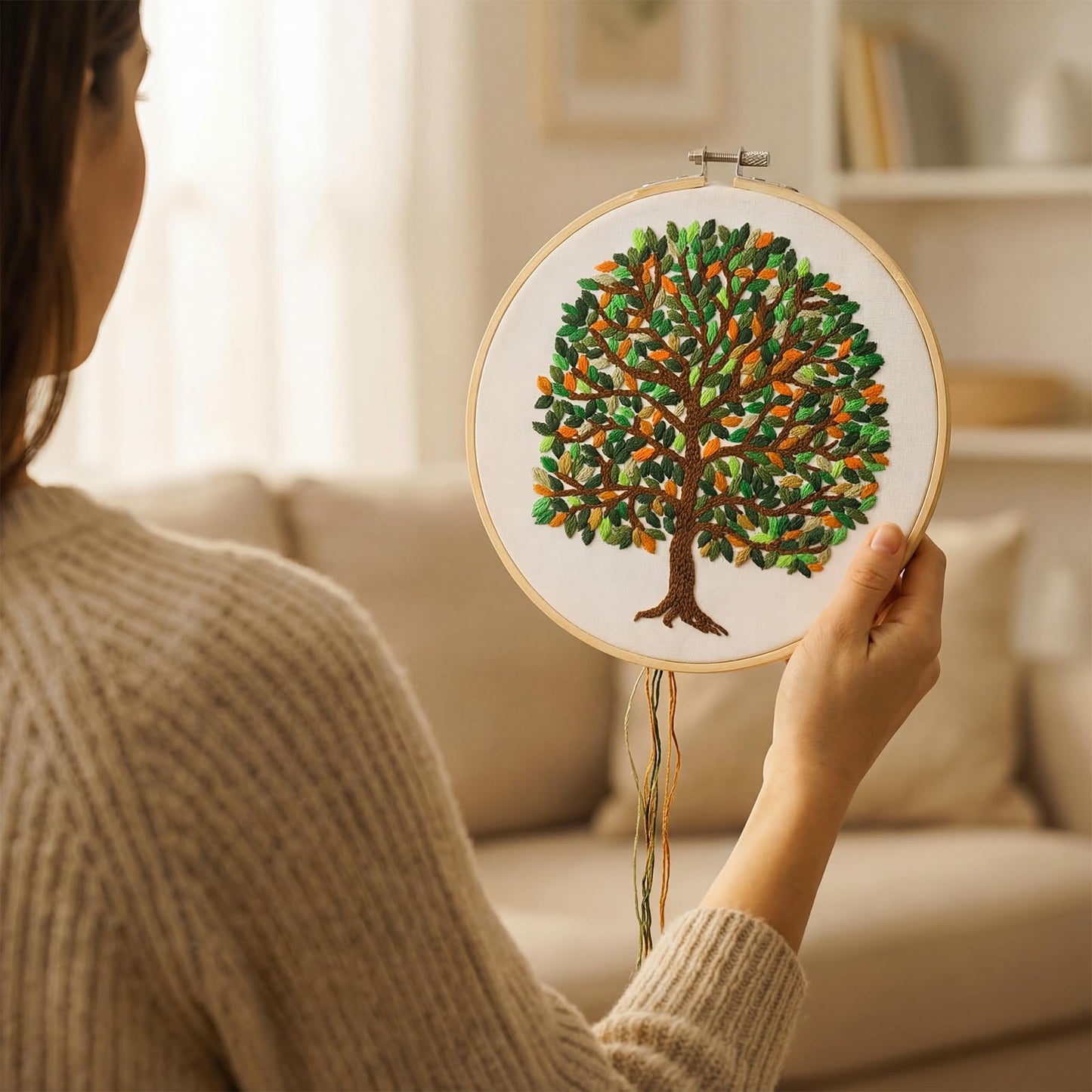 Norme Leaves Embroidery Kit for Beginners Adults 365 Leaves Tree Pre Stamped Pattern Cross Stitch Kits with 7.8 Inch Embroidery Hoop, Threads, Needles, Tools and Stitch Guide for DIY Craft Gift