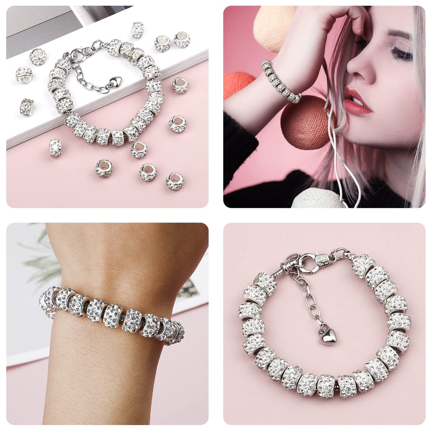 200 PCS European Large Hole Beads Rhinestone White European Beads Crystal Large Hole Craft Beads for DIY Charms Bracelet Jewelry Making