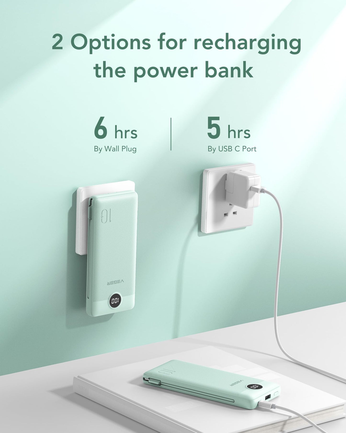 VEGER Portable Charger with Built-in AC Plug and Cables, All in One 10000mAh Ultra Slim Power Bank Travel Essentials, Fast Charging Battery Pack Compatible with iPhone, Samsung, Android (Green)