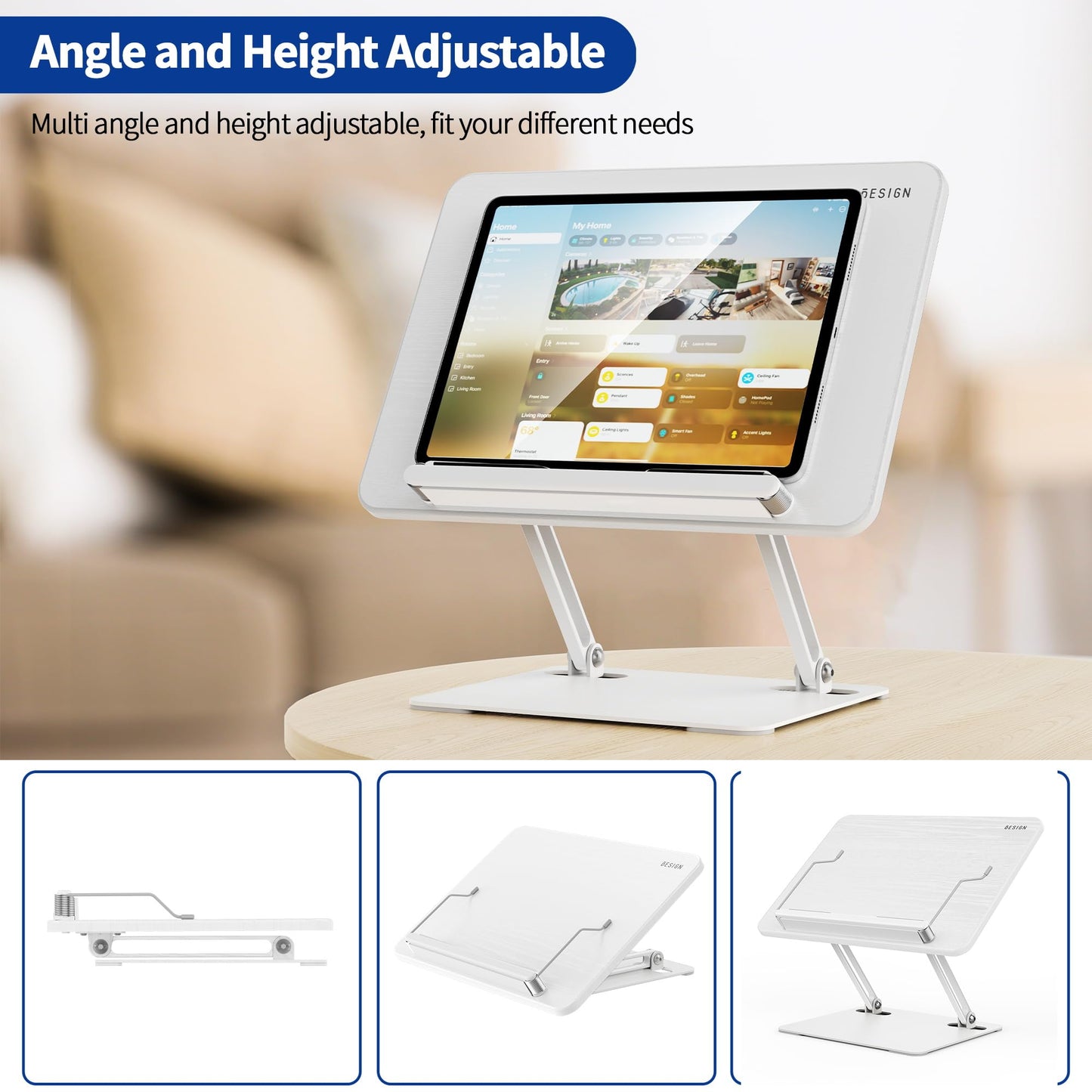 BESIGN BS01 Book Stand for Reading, Adjustable Book Holder, Ergonomic Laptop Stand with Elastic Page Clips for Music Scores, Recipe, Tablet, Laptop (White)