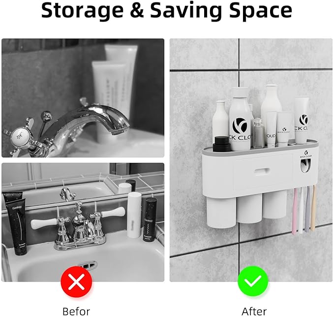 ROCK CLOUD Toothbrush Holder Wall Mounted Automatic Toothpaste Dispenser Squeezer Kit Saving Space, 4 Toothbrush Slots,2 Cups and Drawers for Bathroom