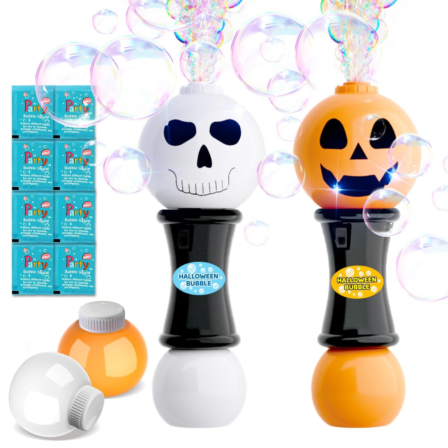 SpringFlower Halloween Toy,Bubble Blower Wand,6.7 Inch Illuminating Bubble Maker with LED Light-Up Effect for Kids,Halloween Bubble Party Favor,Pumpkin & Skull Design, 2 Pack