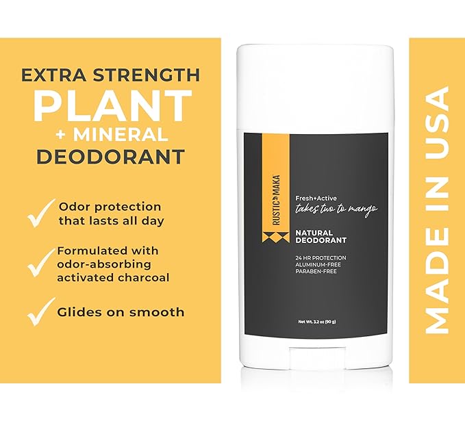 Rustic MAKA Natural Deodorant, Takes Two To Mango (Mango + Lime), Free of Aluminum, Baking Soda & Parabens, Activated Charcoal + Magnesium, Continuous Odor Control, 3-Pack