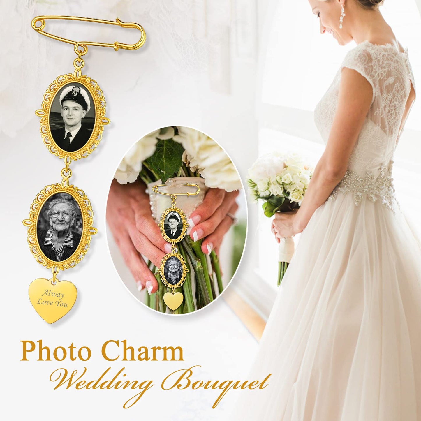 Custom4U Personalized Picture Pins Wedding Bouquets Photo Charms for Bride