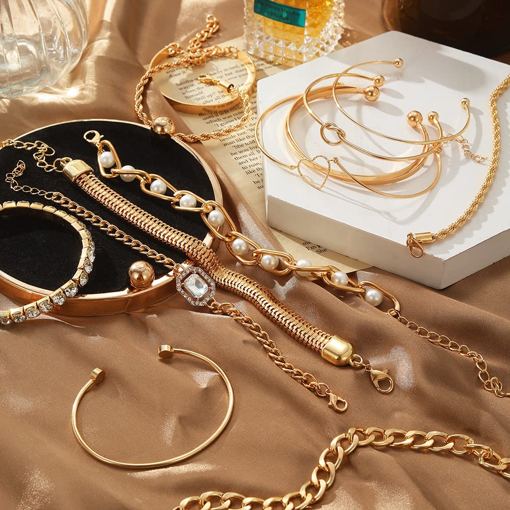 KISS WIFE 15 Pcs Golden Bracelets Set for Women, Multiple Layered Stackable Open Cuff Bangle, Adjustable Cuban Link Chain Tennis Bracelet Pack, Dainty Classic Aesthetic Jewelry