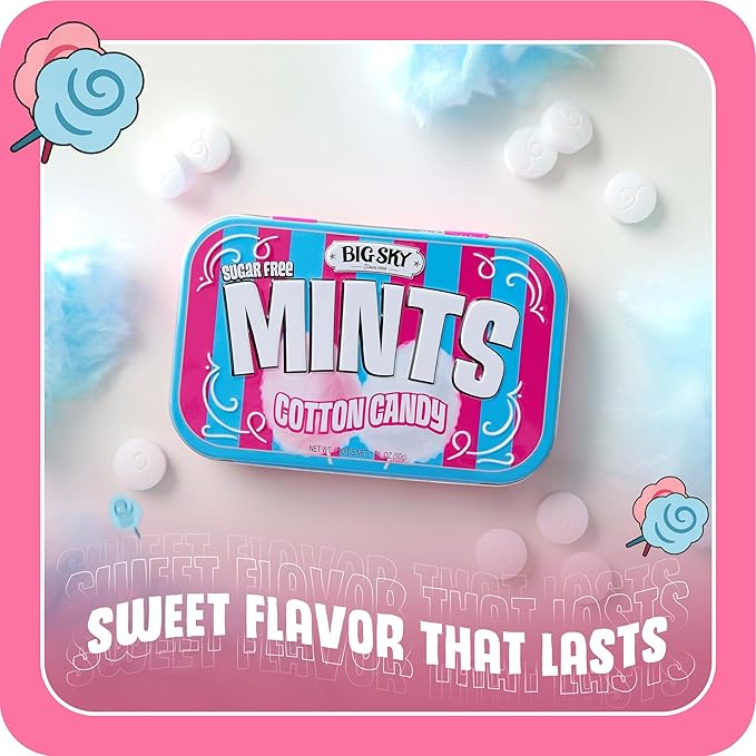 Big Sky Sugar Free Mints Cotton Candy | Sugarfree, No Artificial Colors or Flavors | Kosher Certified, Vegan, Gluten Free | Aspartame & Xylitol Free | 50 Count Tin (Pack of 6)
