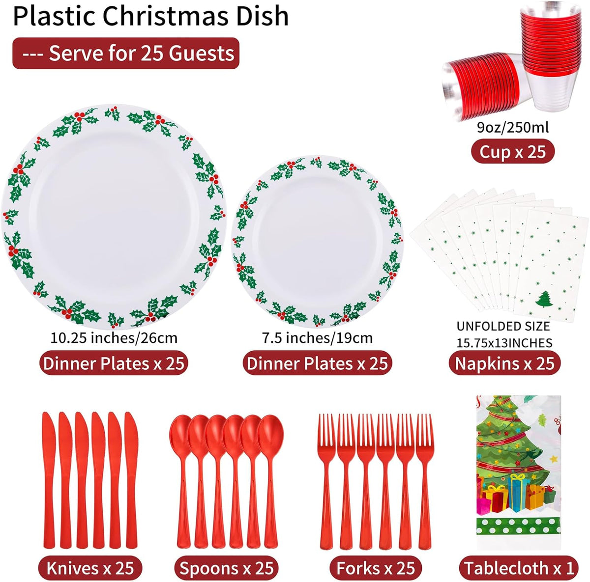 GATHER 176Pcs Christmas Plastic Plates - Green Christmas Plates Disposable and Red Cutlery Set Includes 50 Plate 75 Plastic Silverware 25 Cups 25 Napkins and 1 Tablecloths for Xmas Party
