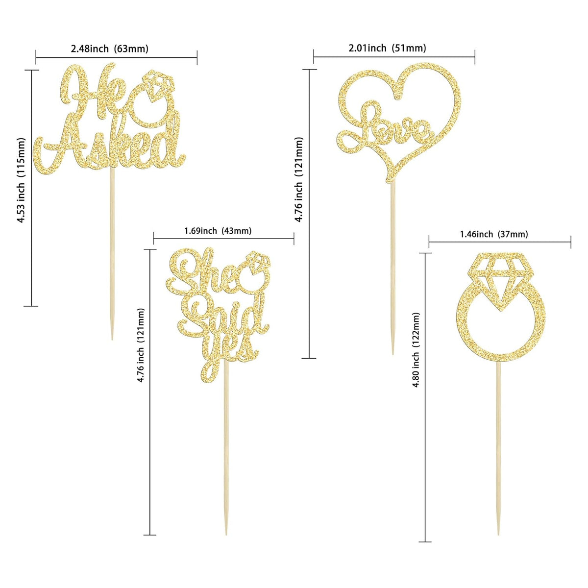 Gyufise He Asked She Said Yes Cupcake Toppers Gold Glitter Diamond Ring Heart Love Cake Picks for Wedding Engagement Party Cake Decorations 24 Pack