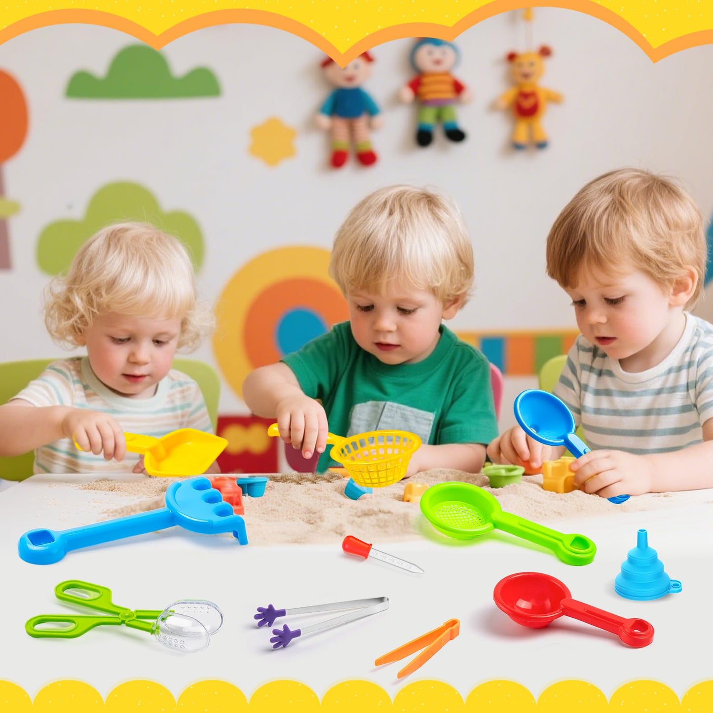 11 Pieces Sensory Bin Filler, Fine Motor Skills Handy Toys Set with 5 Scoops, Tweezers, Mini Silicone Tong, Scissors Clip, Dropper, Beach Shovels, Funnel, Sensory Bin Accessories Tools