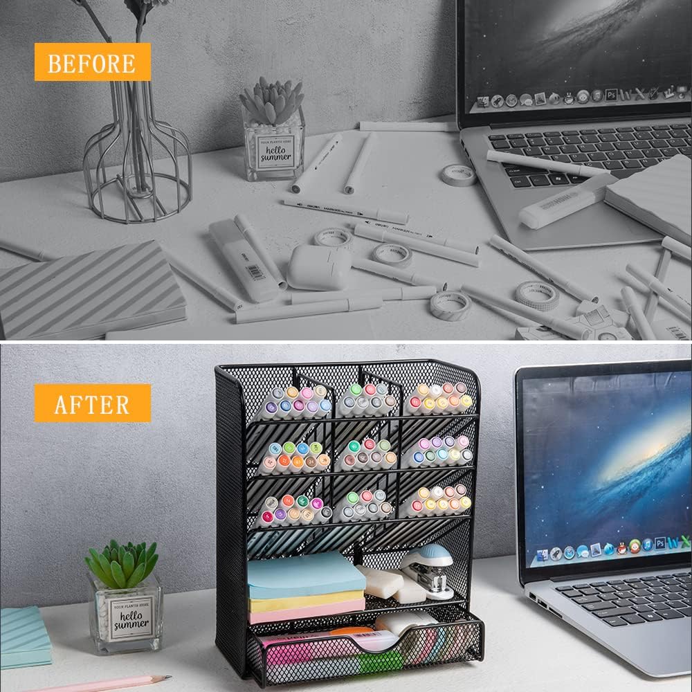 Spacrea Metal Pen Organizer, Pencil Holder for Desk, Desk Organizer with Drawer for School, Home, Art Supplies (Black)