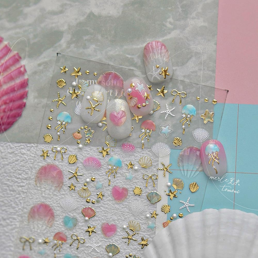 Pink Ocean Seashell Nail Stickers 5D Embossed – Premium Salon-Quality Nail Charm Accessories, Easy Application & Self-Adhesive Summer Sticker for DIY Manicure, Nail Art, Press on, Home or Salon Use